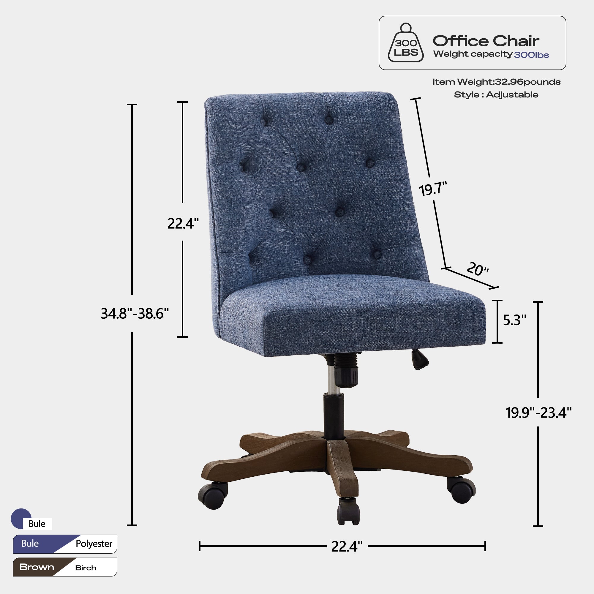 Upholstered Swivel Desk Chair, Armless Home Office Chair, Chenille Fabric Adjustable Height Computer Chair with Wheels for Study ,Blue