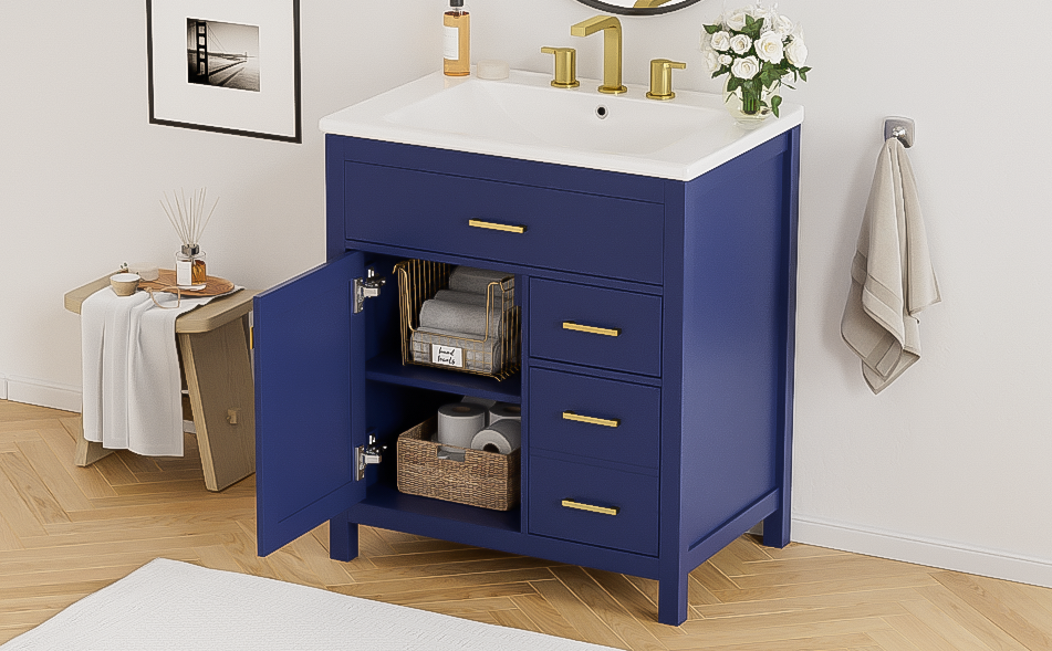 30-Inch Blue Bathroom Vanity with Ceramic Sink and Ample Storage - Ideal Choice for Small Bathrooms