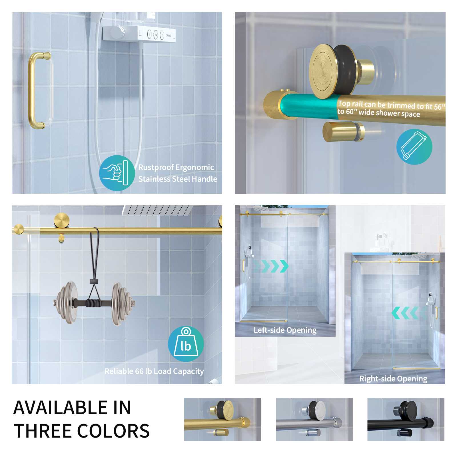 56-60 x 76 in frameless single sliding shower door dimension view