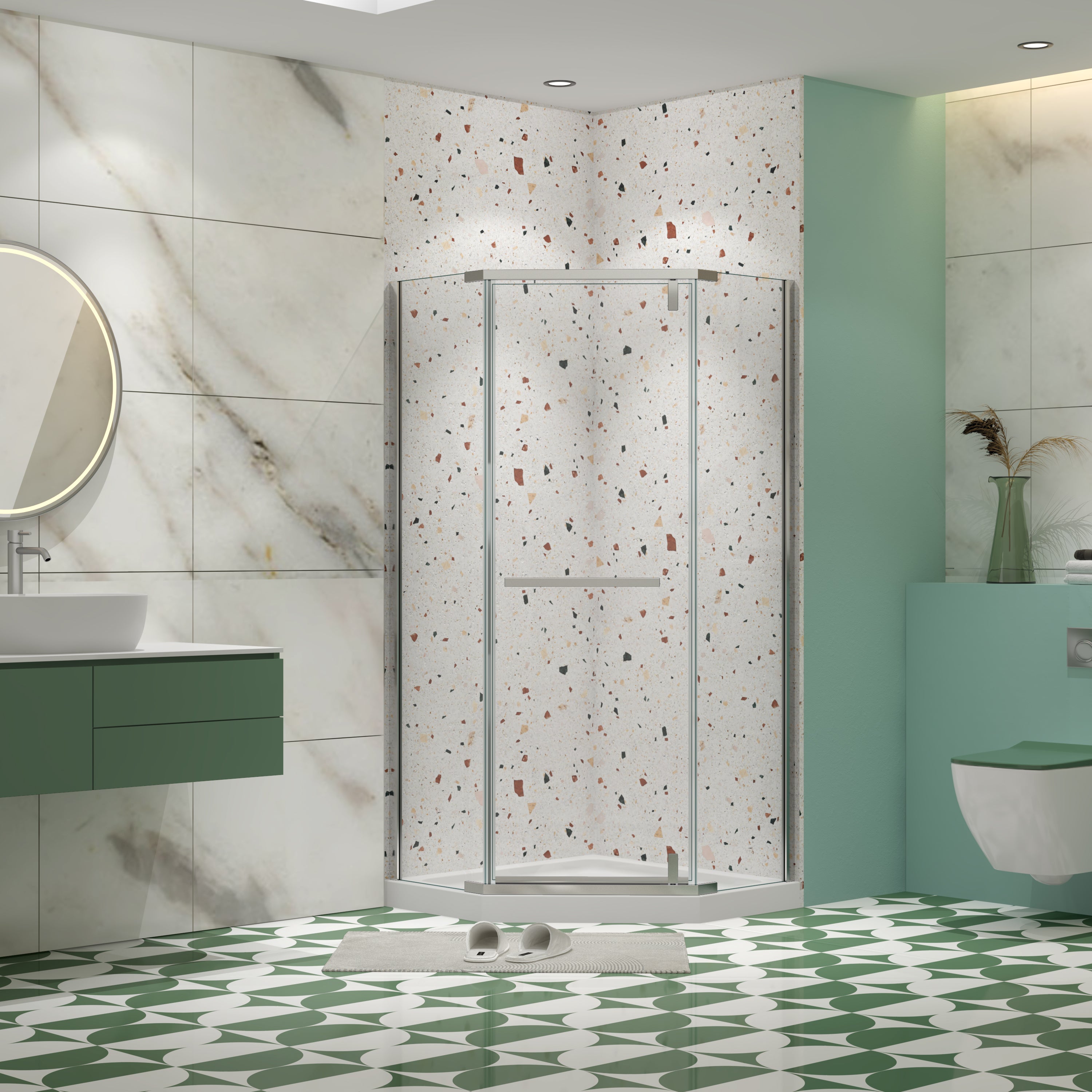 34.75 x 72 in neo-angle pivot shower enclosure chrome front view