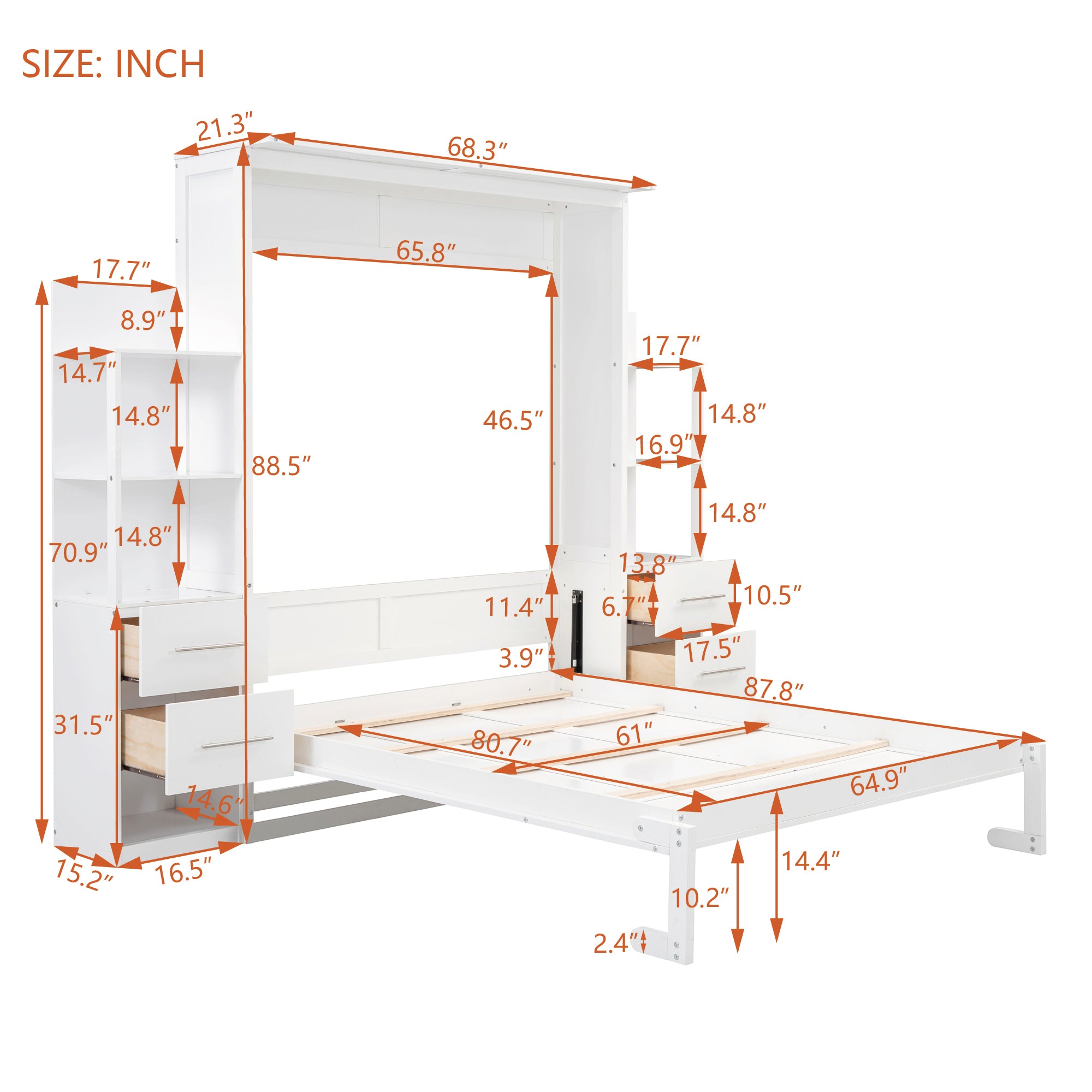 Queen Size Murphy Bed Wall Bed with Shelves, Drawers and LED Lights,White