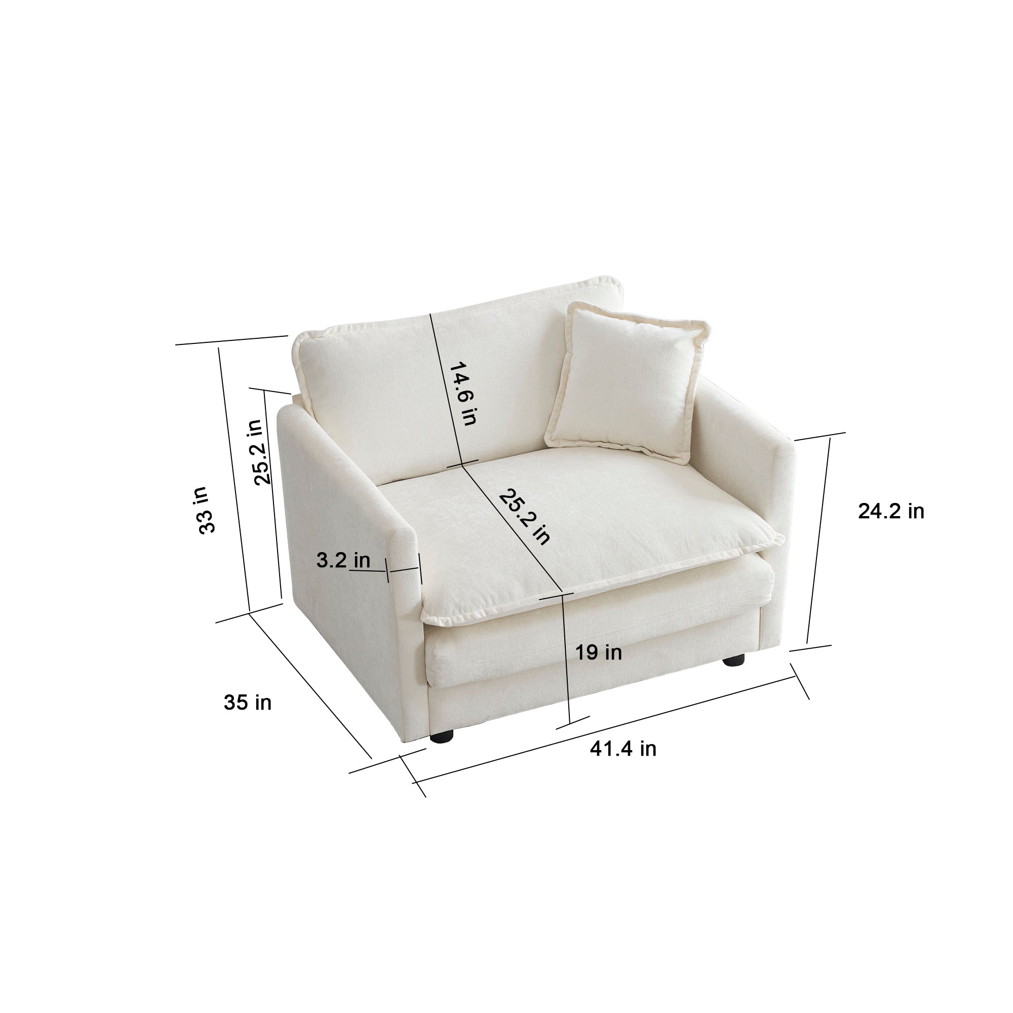 Comfy Deep Single Seat Sofa Upholstered Reading Armchair Living Room Chair White Chenille Fabric , 1 Toss Pillow