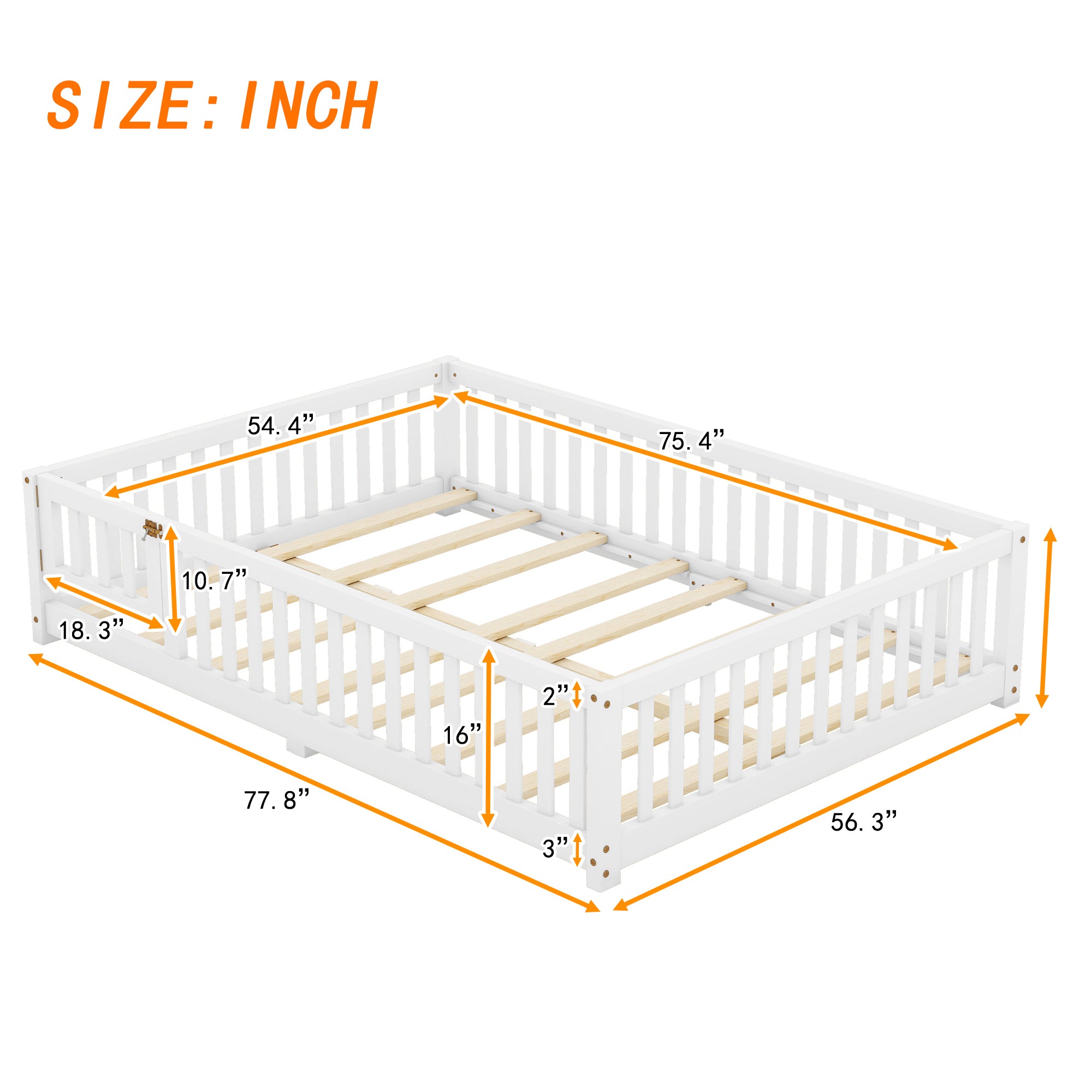 Full Size Bed Floor Bed with Safety Guardrails and Door for Kids, White(Old SKU: W158090689)