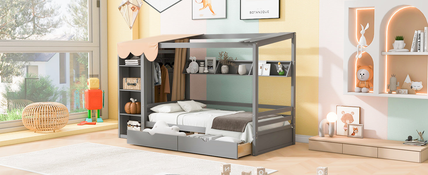 Twin size House Bed with Two Drawers and Wardrobe,Gray