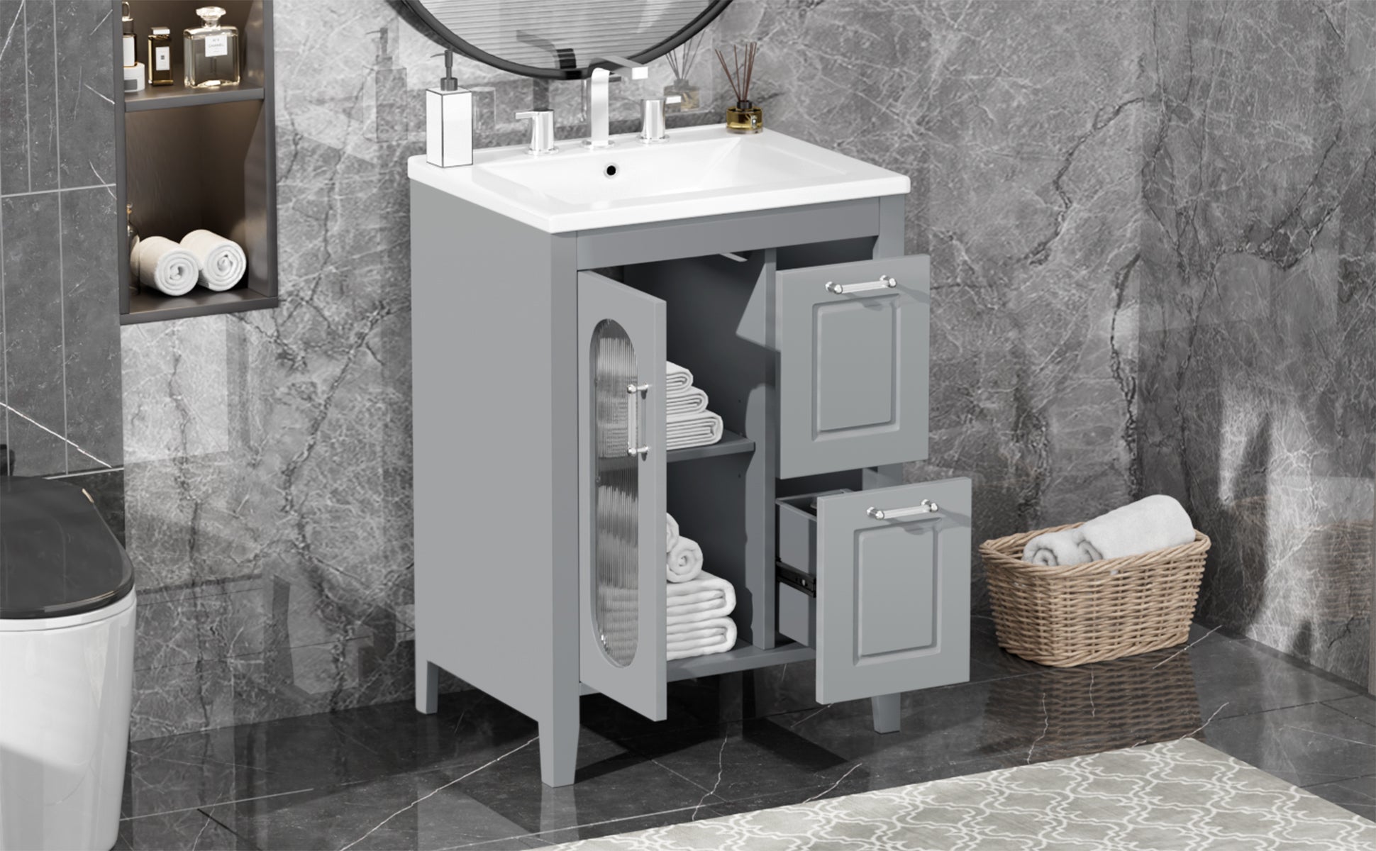 24" Bathroom Vanity with Sink, Bathroom Vanity Cabinet with Two Drawers and Door, Adjustable Shelf, Solid Wood and MDF, Grey