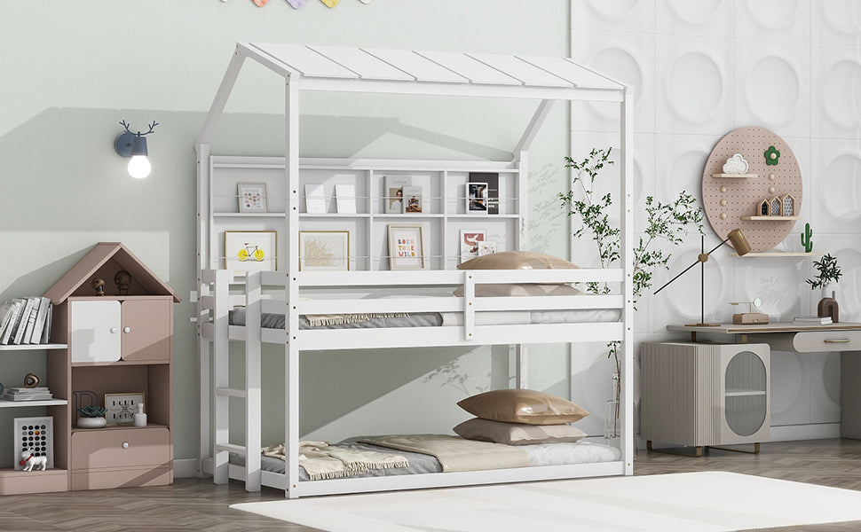 Twin Over Twin Low Bunk Bed with House Semi-enclosed Roof,Guardrails, Bedside Shelves and Ladder, White