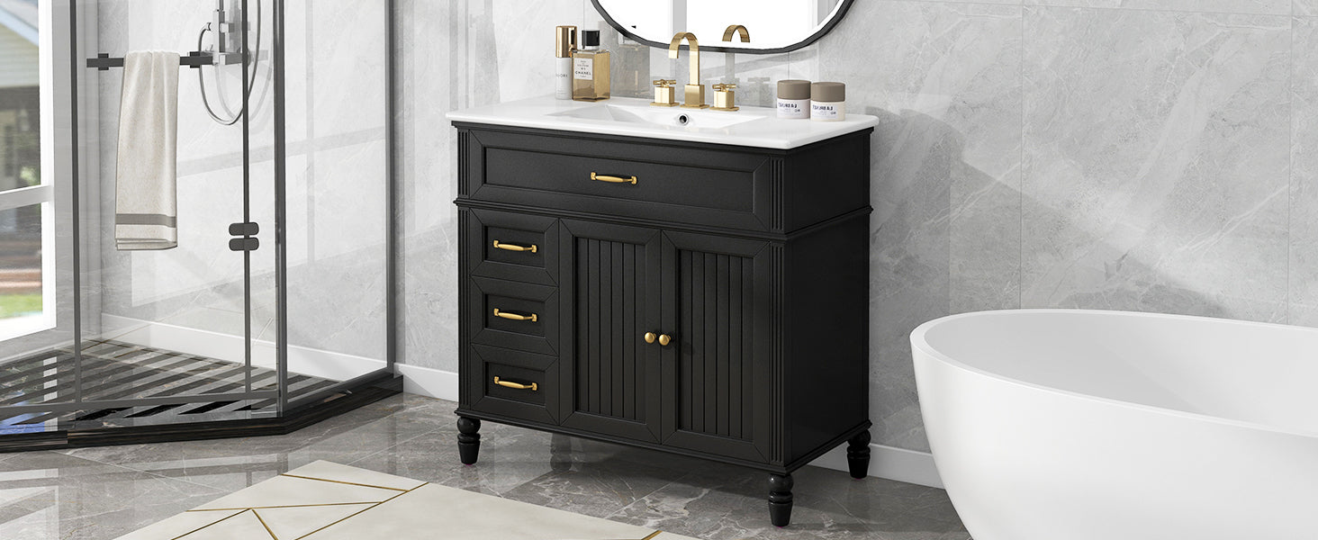 36" Bathroom Vanity with Sink, Black Bathroom Cabinet with Drawers, Solid Frame and MDF Board, One Package