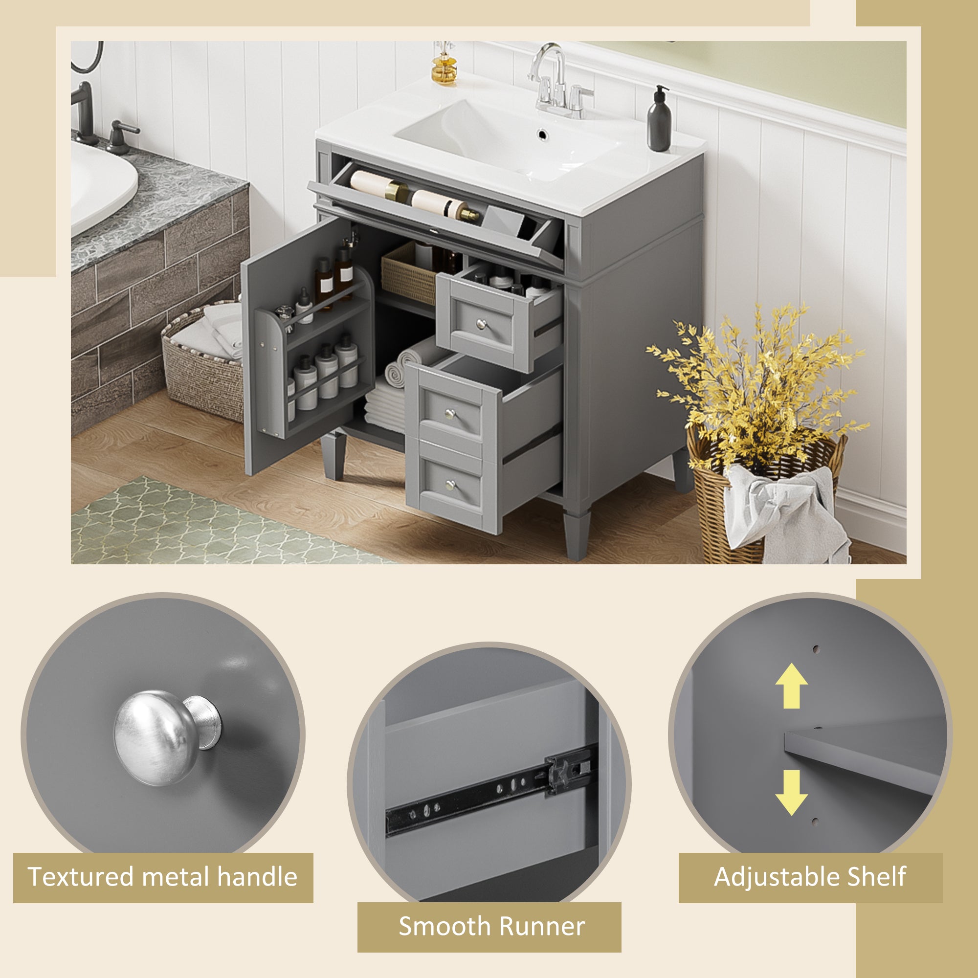 30-inch modern bathroom vanity with top-mounted sink, styled in bathroom