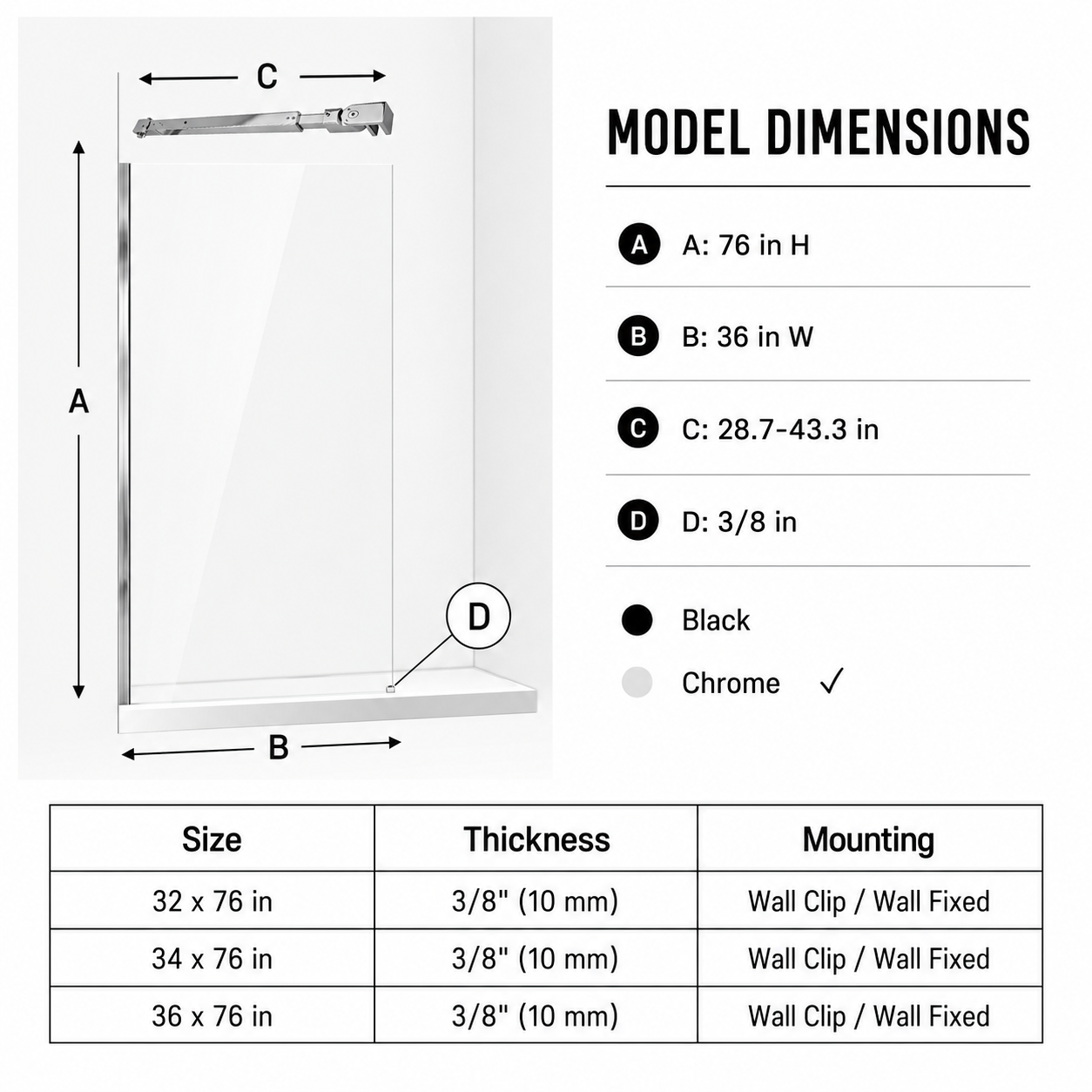 36 x 76 in Frameless Fixed Shower Glass Panel - Wall Clamp Chrome view 2