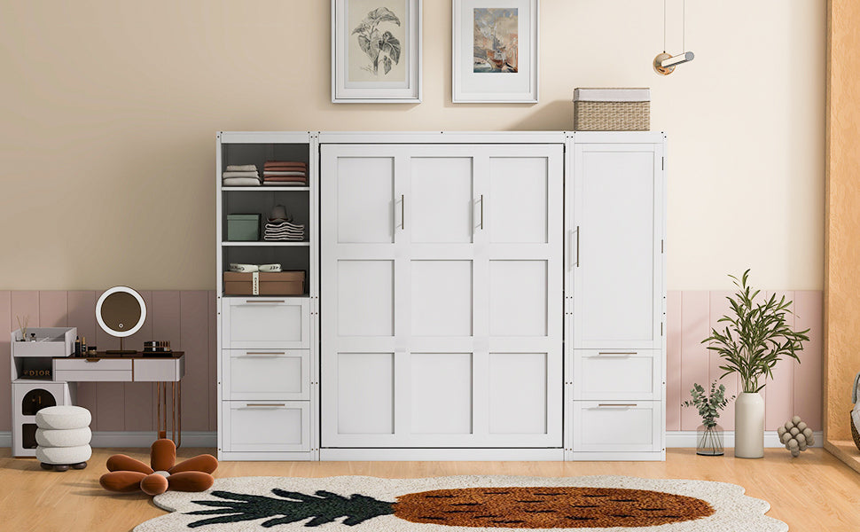 Queen Size Murphy Bed Wall Bed with Closet ,Drawers and Shelves,White