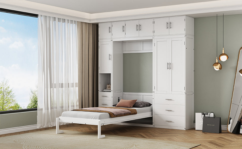 Twin Size Murphy Bed with Lockers and Wardrobes, With installation video, White