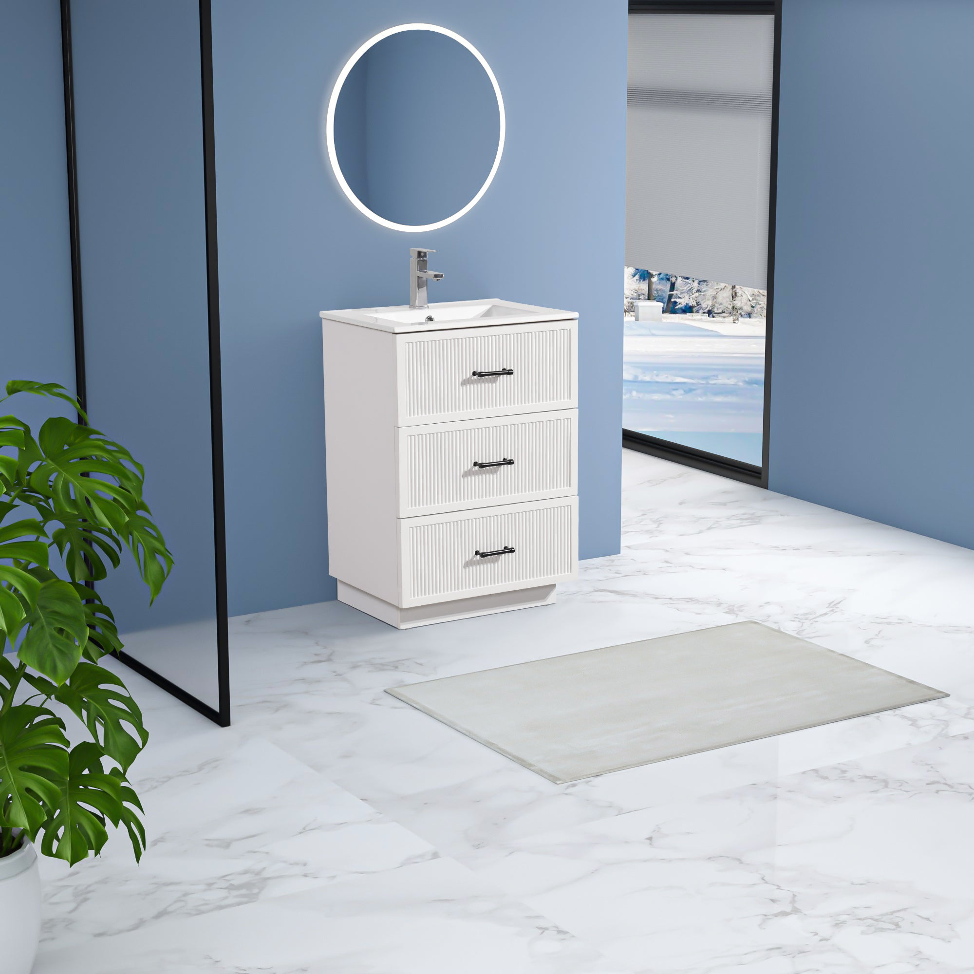 24 Inch Bathroom Vanity with Ceramic Sink Set, Modern Freestanding Bathroom Storage Cabinet with 2 Drawers, Floor Standing Bath Vanity Combo, White