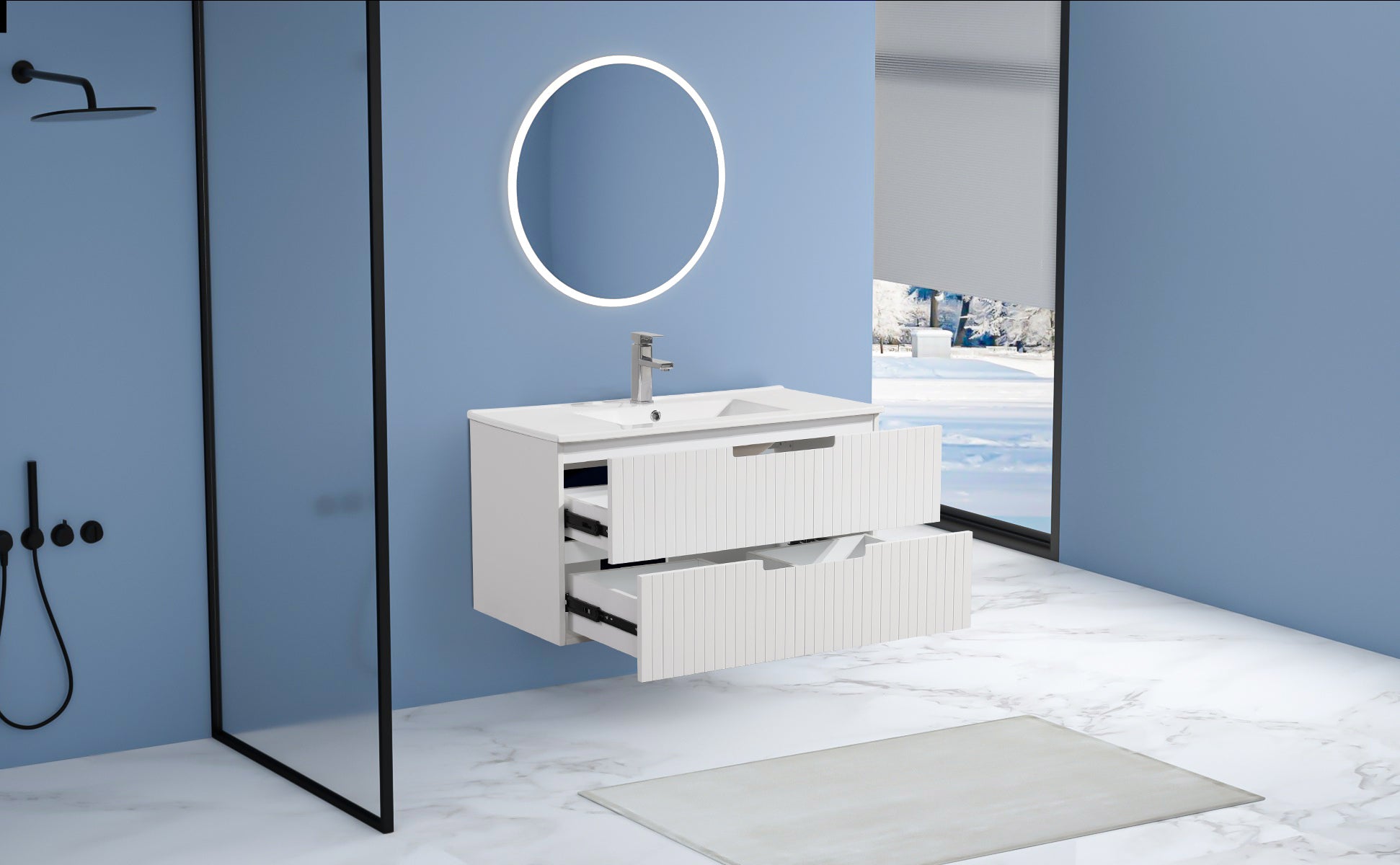 36 Inch Floating Bathroom Vanity with Ceramic Sink Set , Modern Bath Storage Cabinet Vanity with Drawers Wall Mounted Combo for Bathroom, White