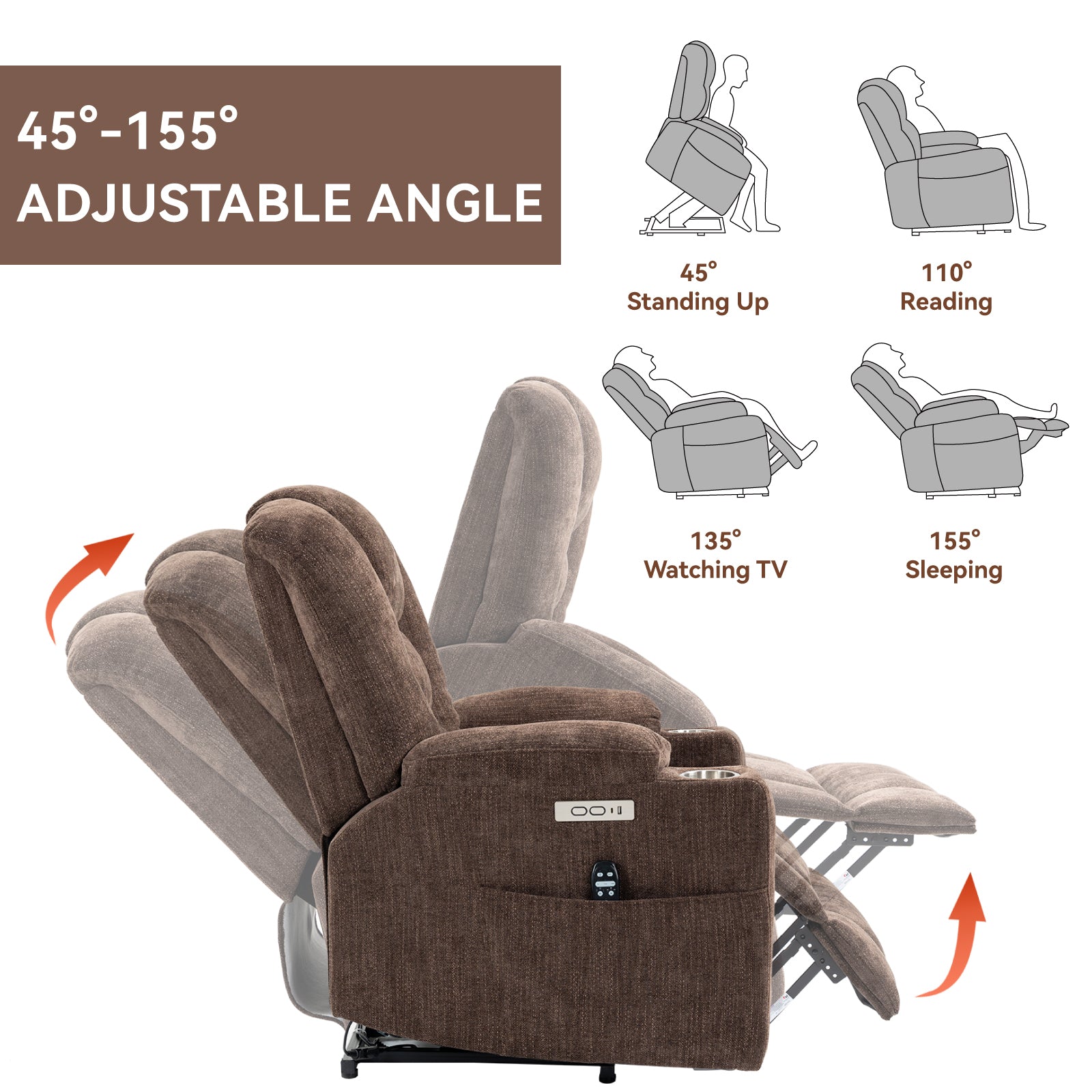 EMON'S Large Power Lift Recliner Chair with Massage and Heat for Elderly, Overstuffed Wide Recliners, Heavy Duty Motion Mechanism with USB and Type C Ports, 2 Steel Cup Holders, Brown