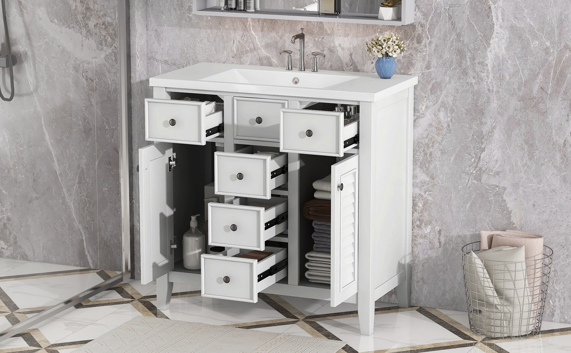 36" Bathroom Vanity with Ceramic Basin, Two Cabinets and Five Drawers, Solid Wood Frame, White (OLD SKU: SY999202AAK-1)