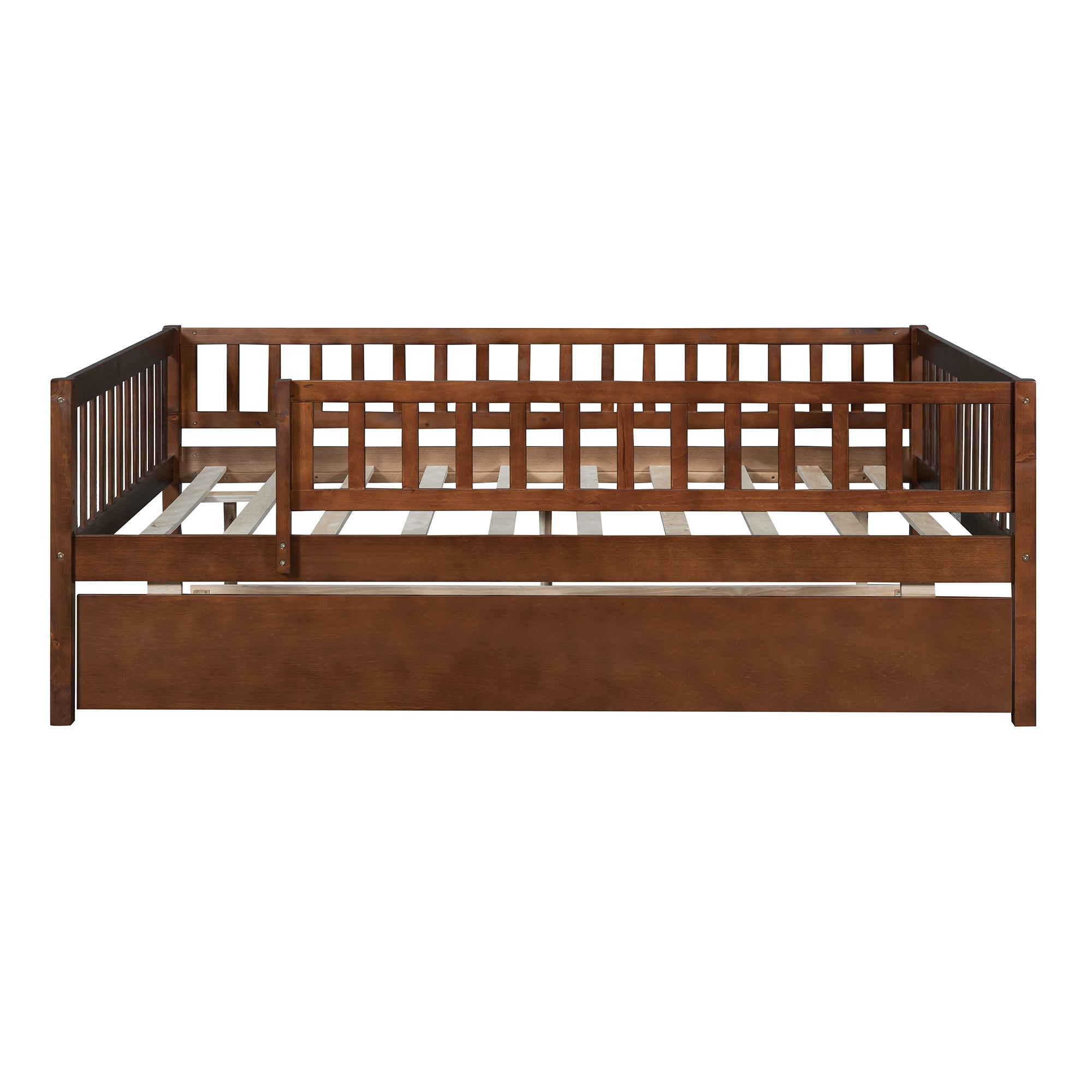 Full Size Wood Daybed with Trundle and Fence Guardrails, Walnut