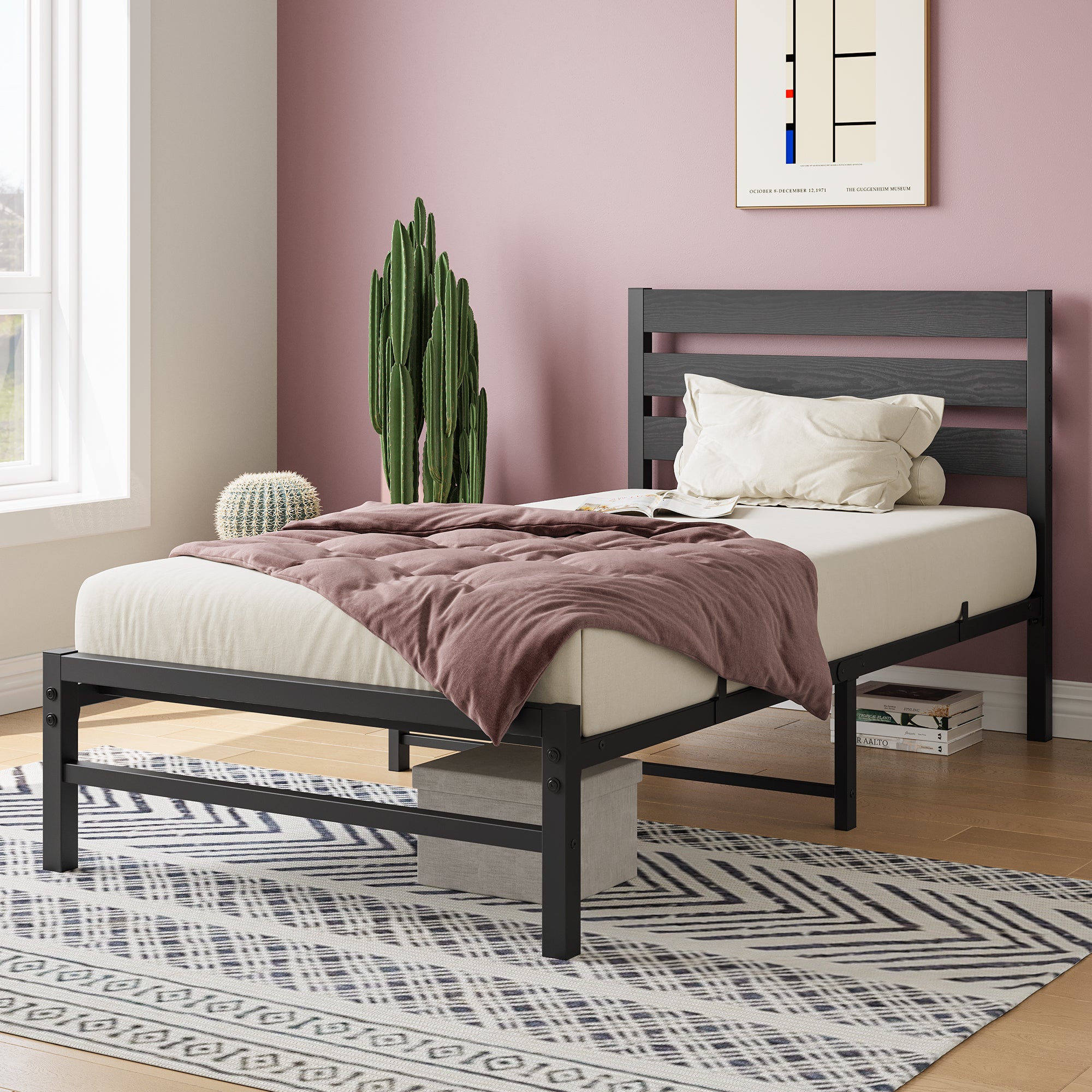 Twin Size Platform Bed Frame with Rustic Vintage Wood Headboard, No Box Spring Needed Black