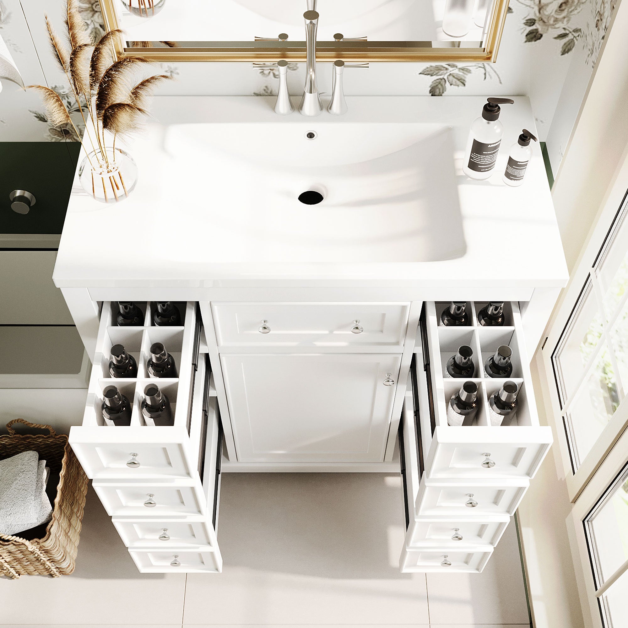 36" Bathroom Vanity with Sink Combo, One Cabinet and Six Drawers, Solid Wood and MDF Board, White