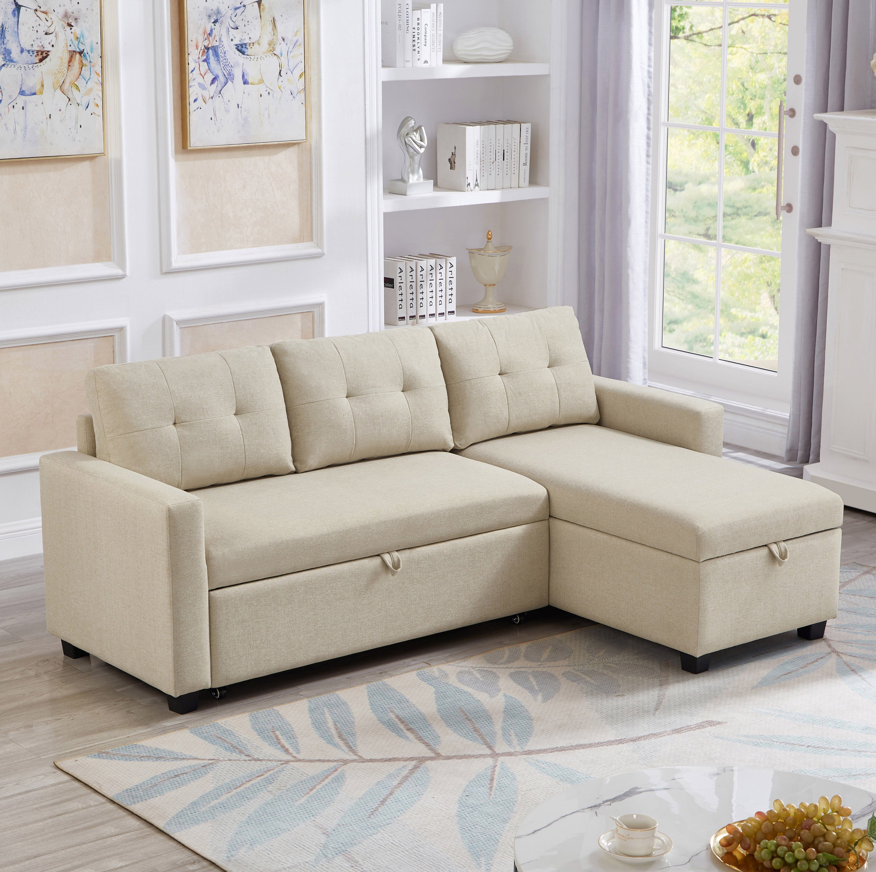 Upholstered Pull Out Sectional Sofa with Storage Chaise, Convertible Corner Couch, Beige