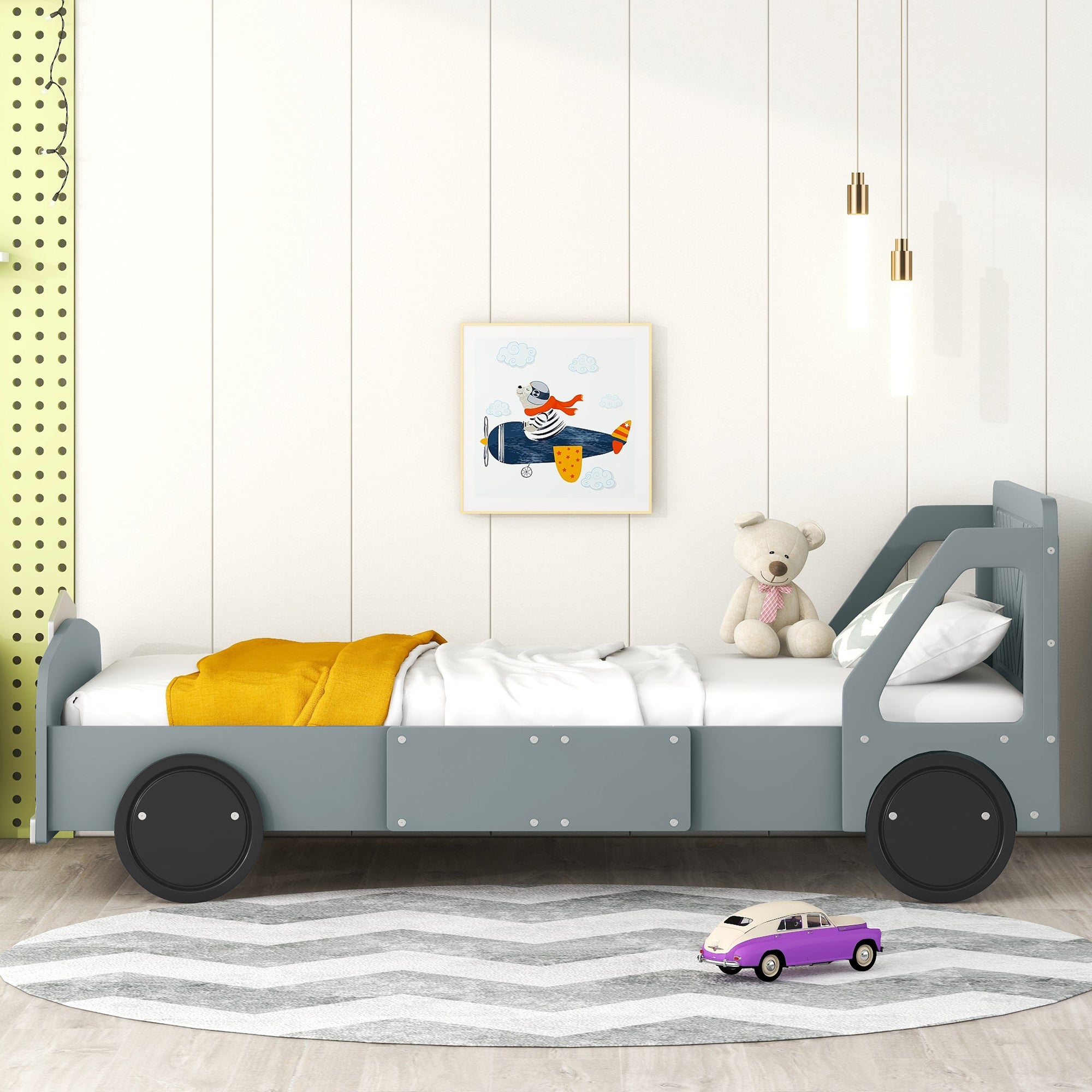 Twin Size Car-Shaped Platform Bed with Wheels,Gray