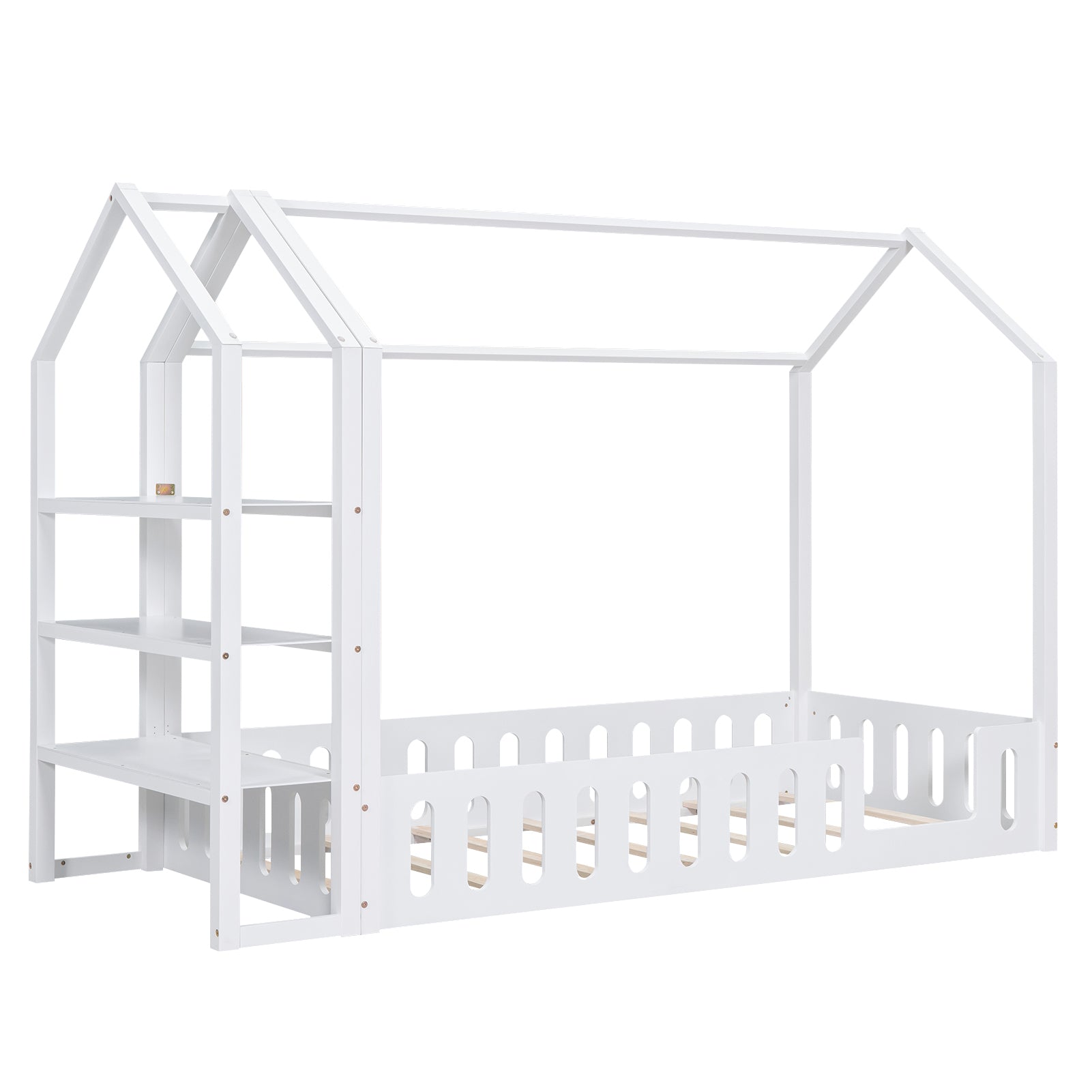 Twin Size Wood House Bed with Fence and Detachable Storage Shelves, White