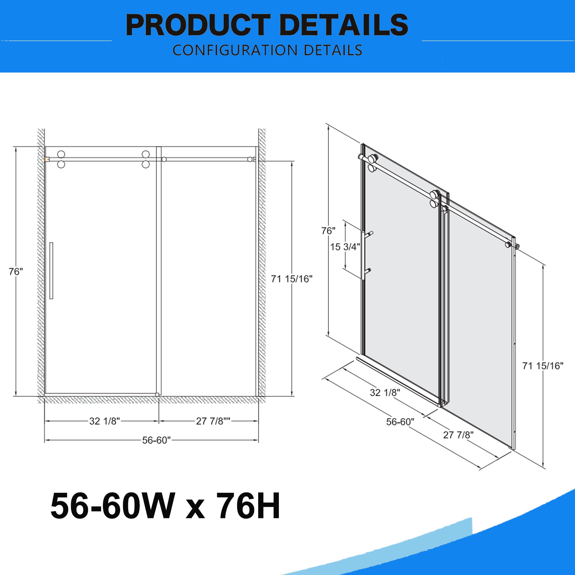 56"-60"W x 76"H Frameless Shower Door, Sliding Shower Door, with Premium 3/8"(10mm) Thick Tempered Glass Shower Enclosure ,Double Side Easy Clean Coat,Chrom Finished With Buffer