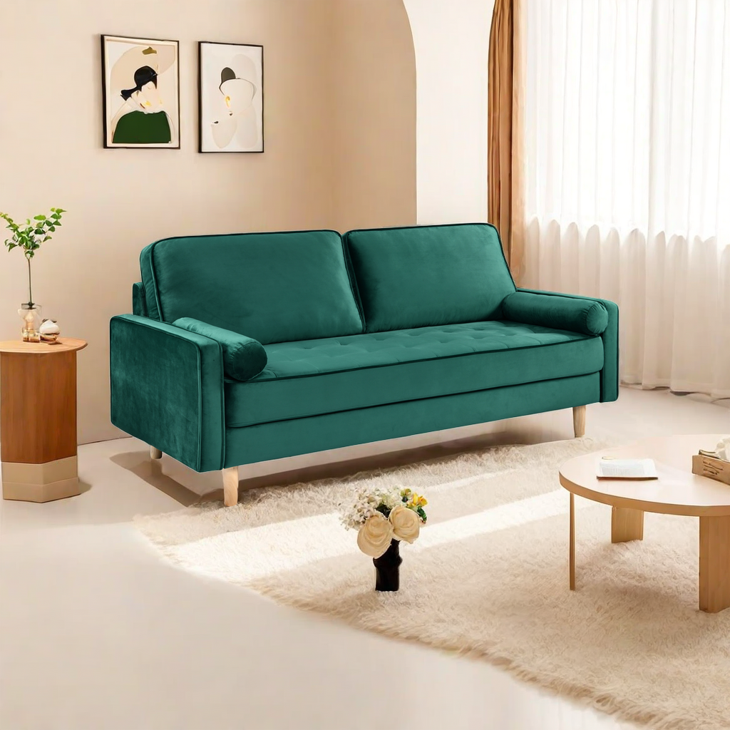 Sofa Simple Small House Double Three Person Straight Row American Retro Green Velvet Furniture Fabric Sofa Small Living Room Bedroom Office