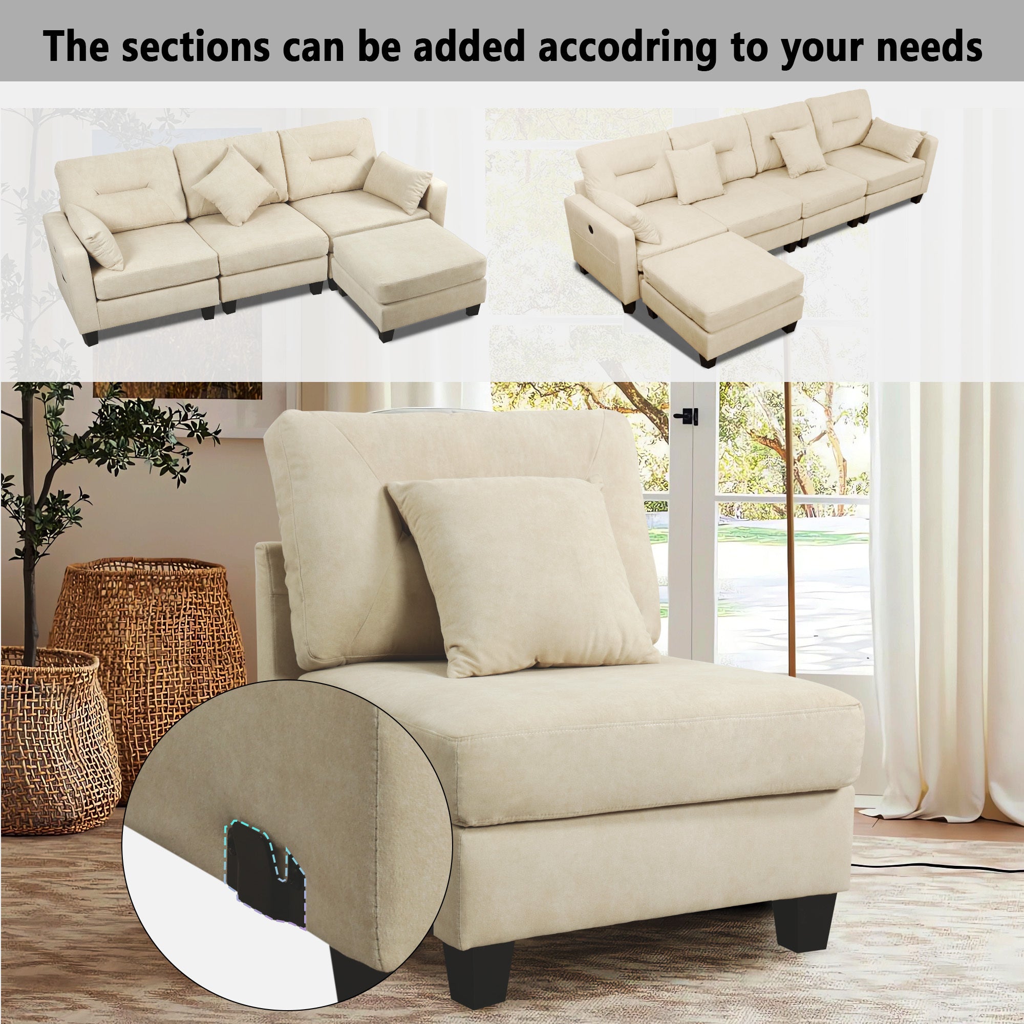 Oversized 125inch L Shaped Modular Sectional Couches with USB Ports, Ottoman, Lumbar Pillows