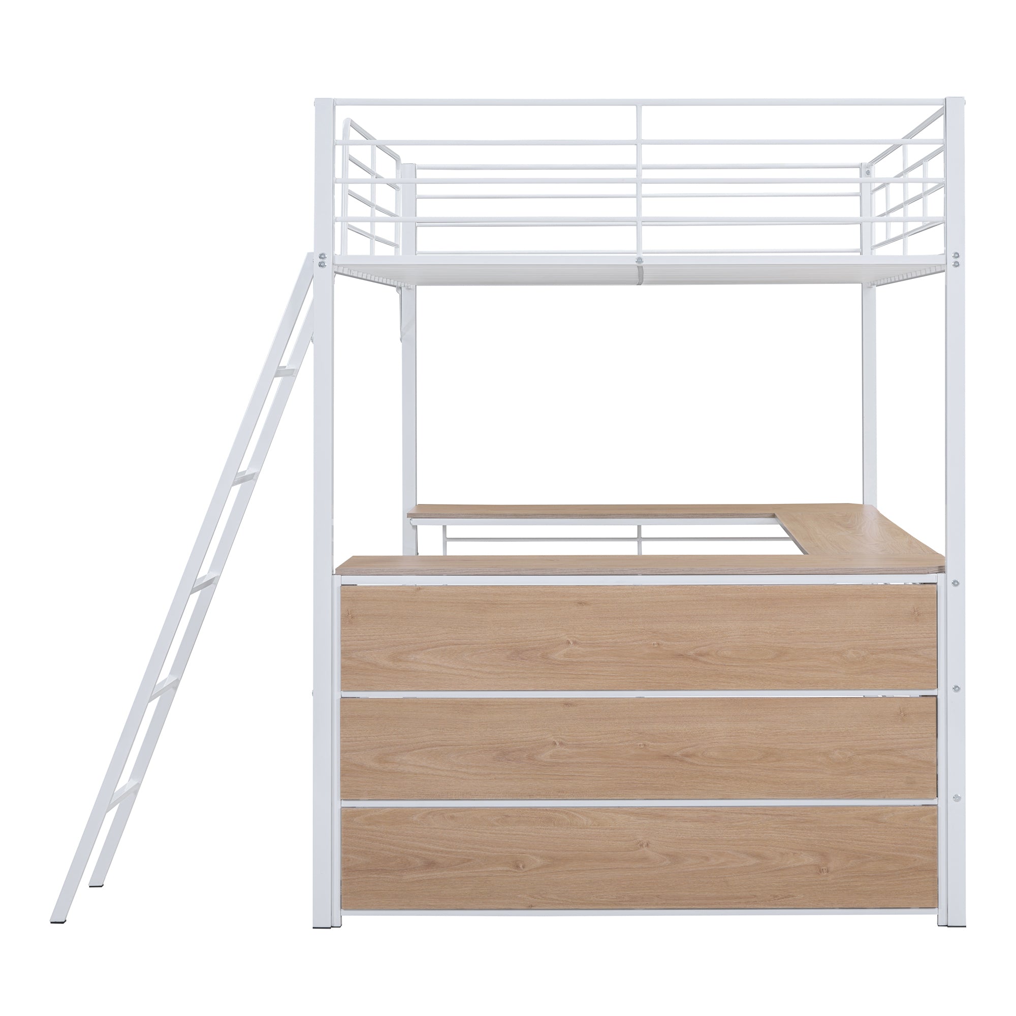 Full Size Metal Loft Bed with 3 Layers of Shelves and L-shaped Desk, White