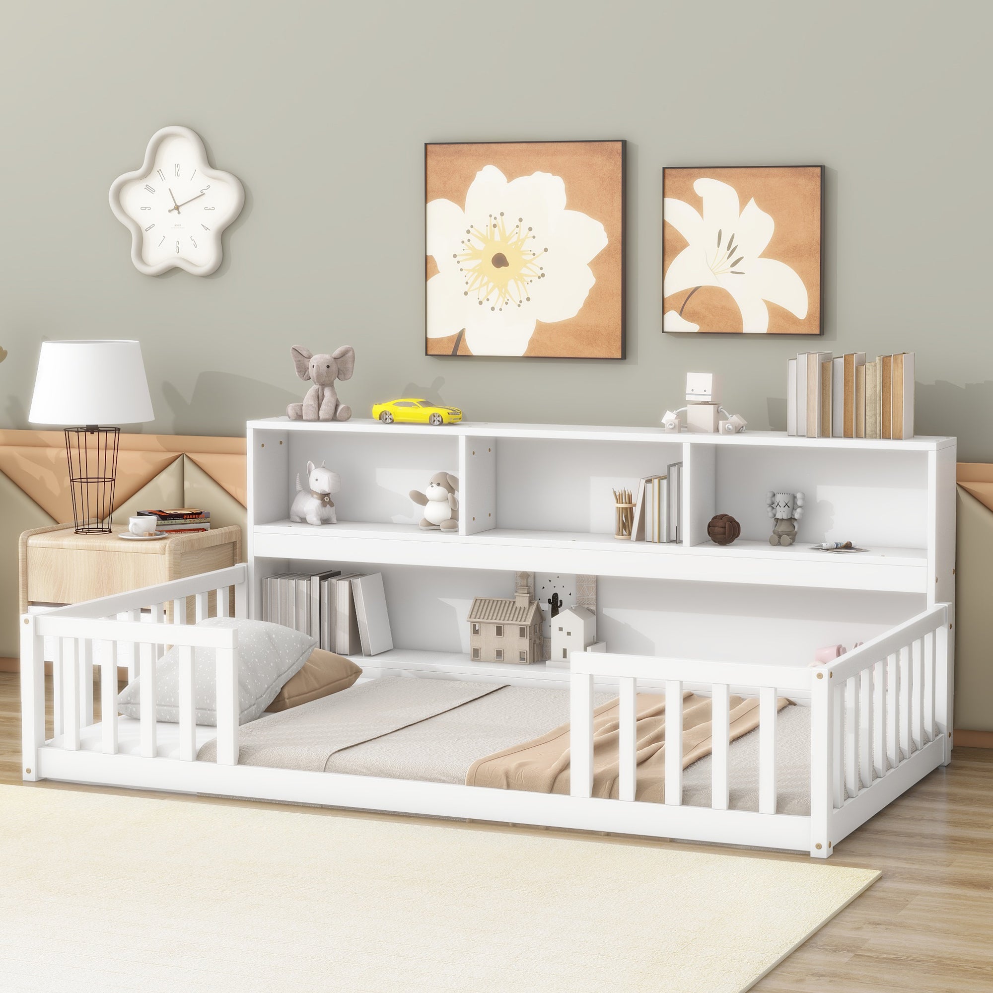 Twin Floor Bed with  Bedside Bookcase,Shelves,Guardrails,White