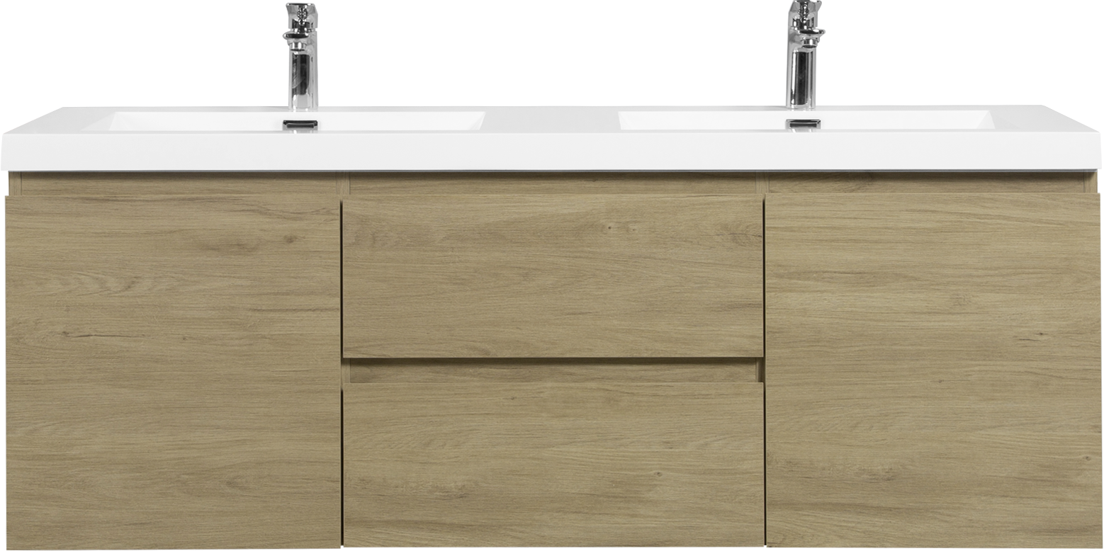 60" Floating Bathroom Vanity with Sink, Modern Wall-Mounted Bathroom Storage Vanity Cabinet with Double Resin Top Basins and Soft Close Drawers, Natural Oak 24V11-60DNO