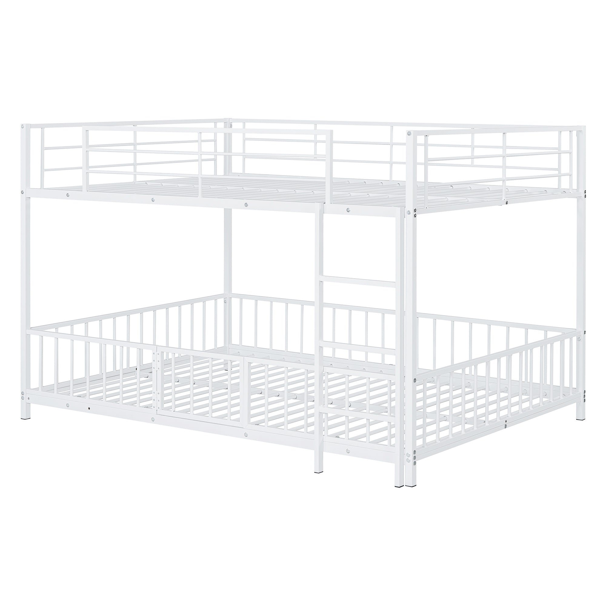 Full over Full Size Metal Bunk Bed with Slide and Guardrails, White