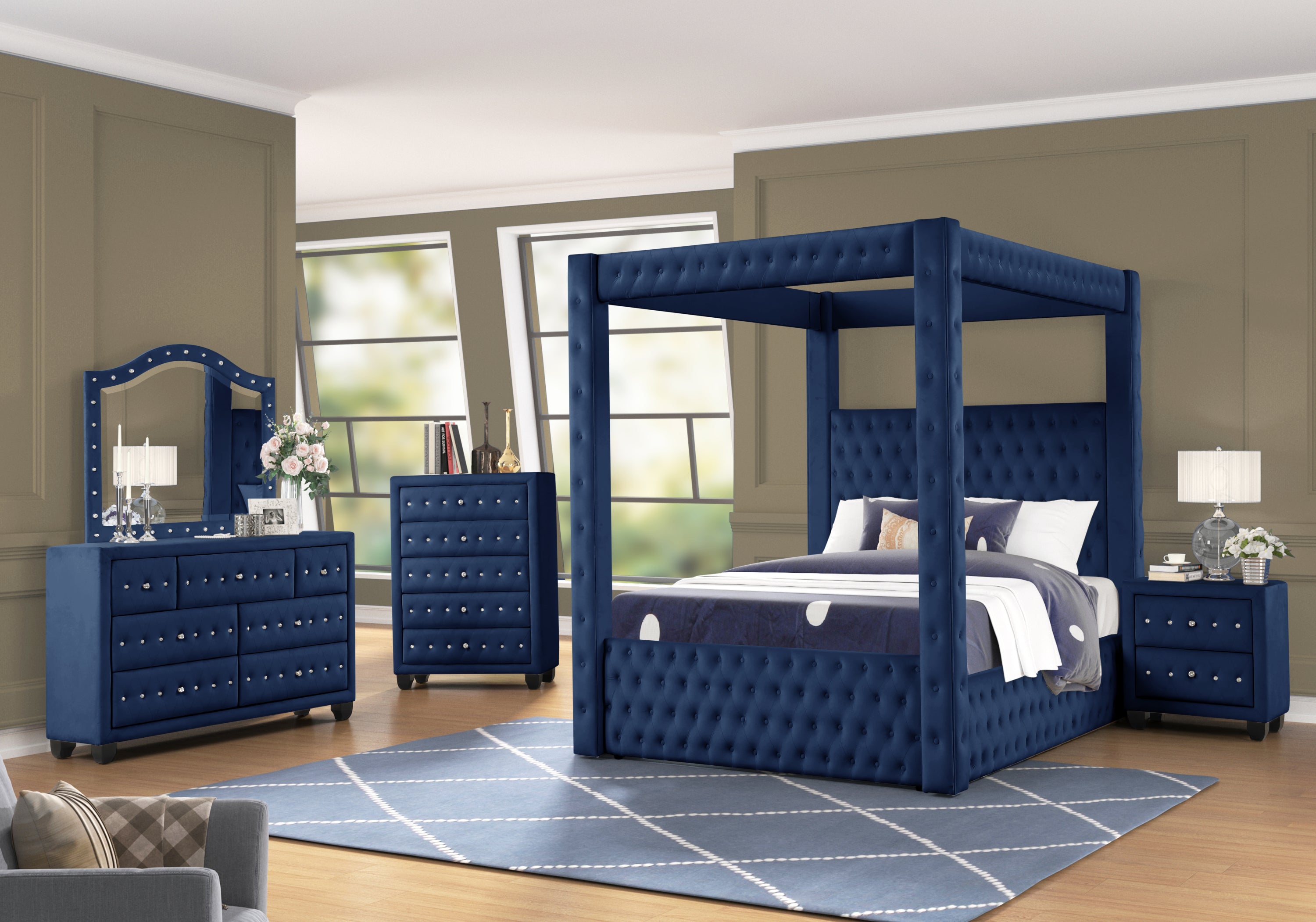 luxurious Four-Poster Full Bed Made with Wood in Navy