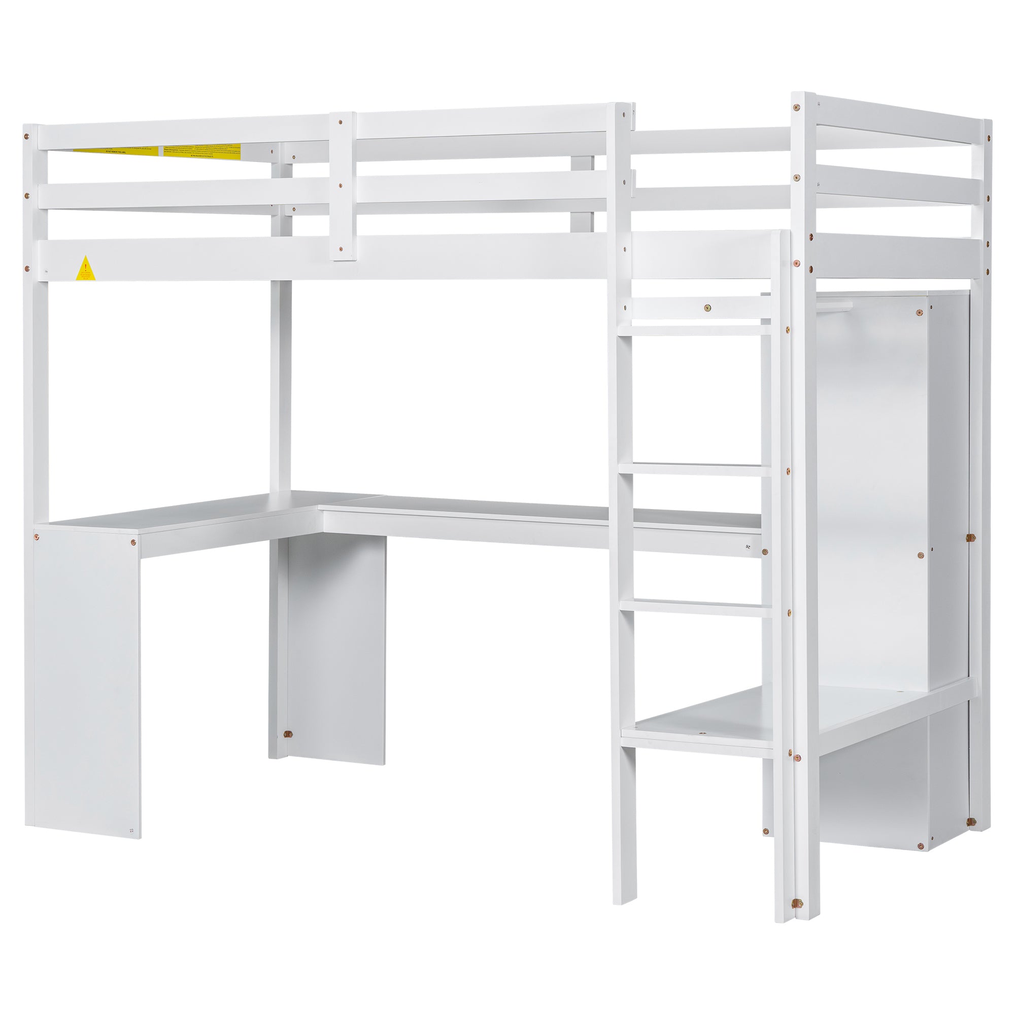 Twin Size Loft Bed with L-shaped Desk, Wardrobe and Storage Shelves, White