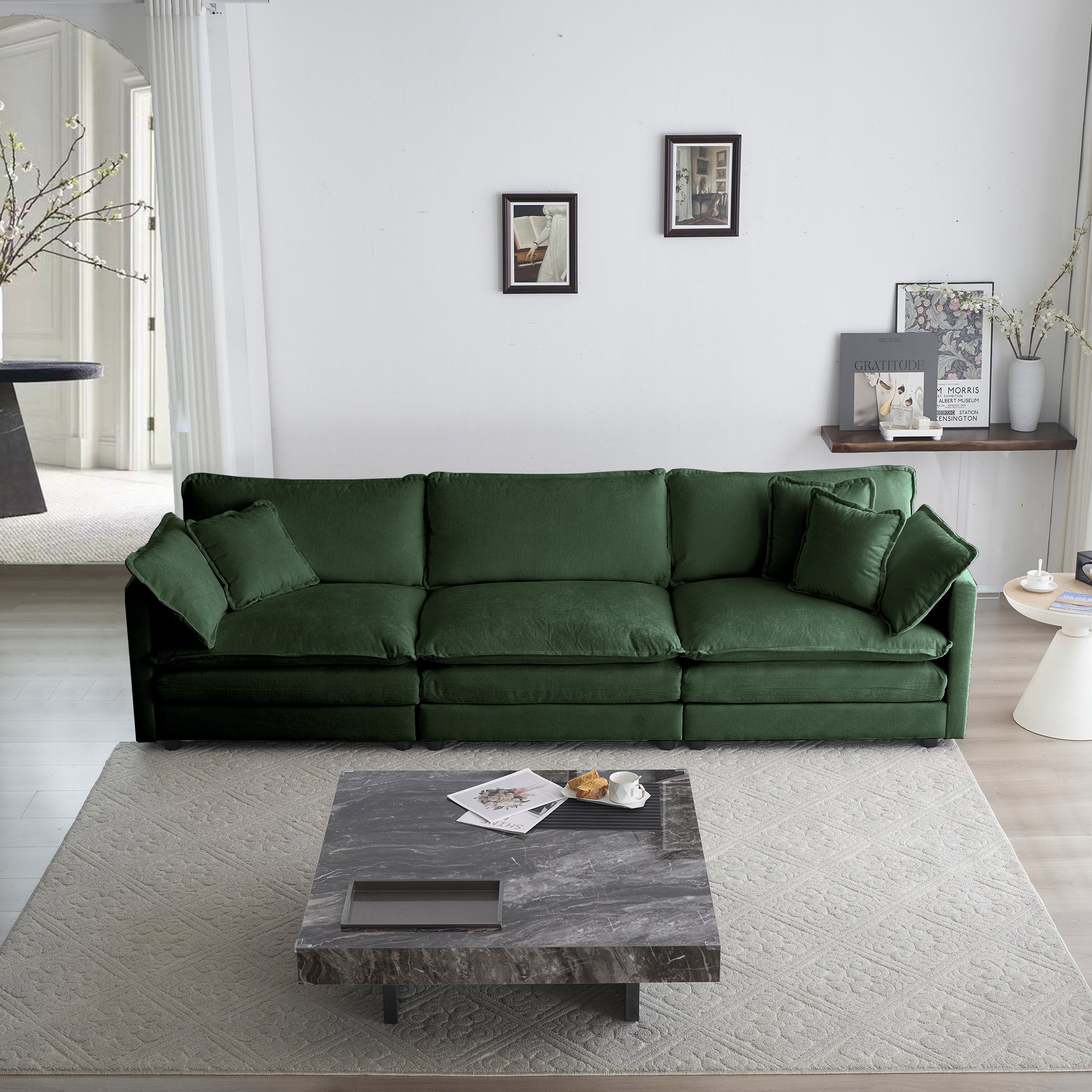 Mid-Century Modern Couch 3-Seater Sofa with 2 Armrest Pillows and 3 Toss Pillows, Couch for Living Room Green Chenille