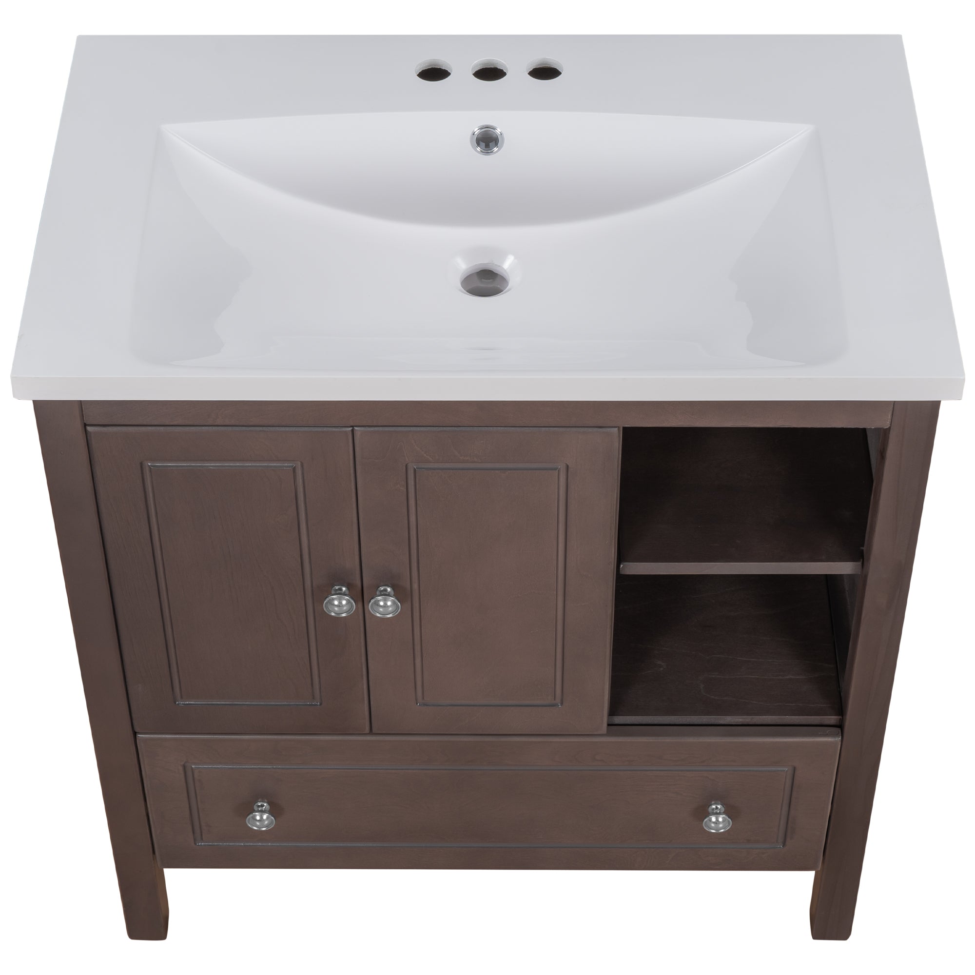 [VIDEO] 30" Bathroom Vanity with Sink, Bathroom Storage Cabinet with Doors and Drawers, Solid Wood Frame, Ceramic Sink, Brown (OLD SKU: JL000002AAD)