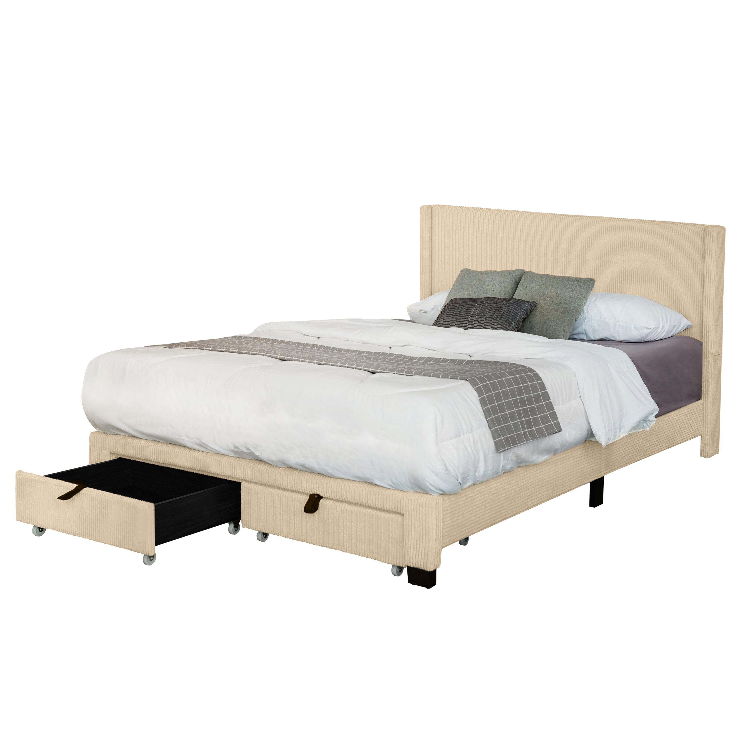 BEIGE QUEEN SIZE BED IN CORDUROY WITH WING DESIGN, PERFECT FOR ANY DECOR. TWO DRAWERS PROVIDE AMPLE STORAGE; IDEAL FOR BEDROOM COMFORT! NO BOX SPRING NEEDED; MATTRESS NOT INCLUDED.