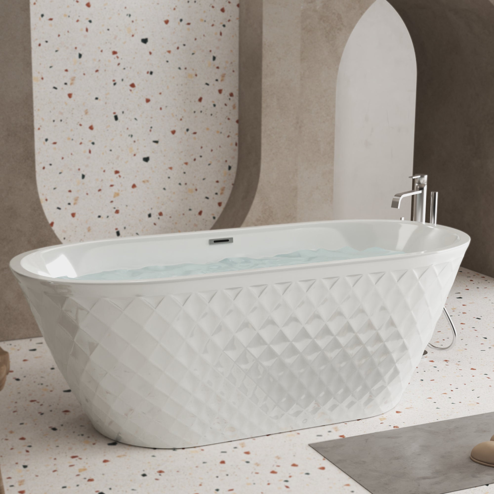 Gloss white acrylic freestanding bathtub, diamond pattern exterior, angled view