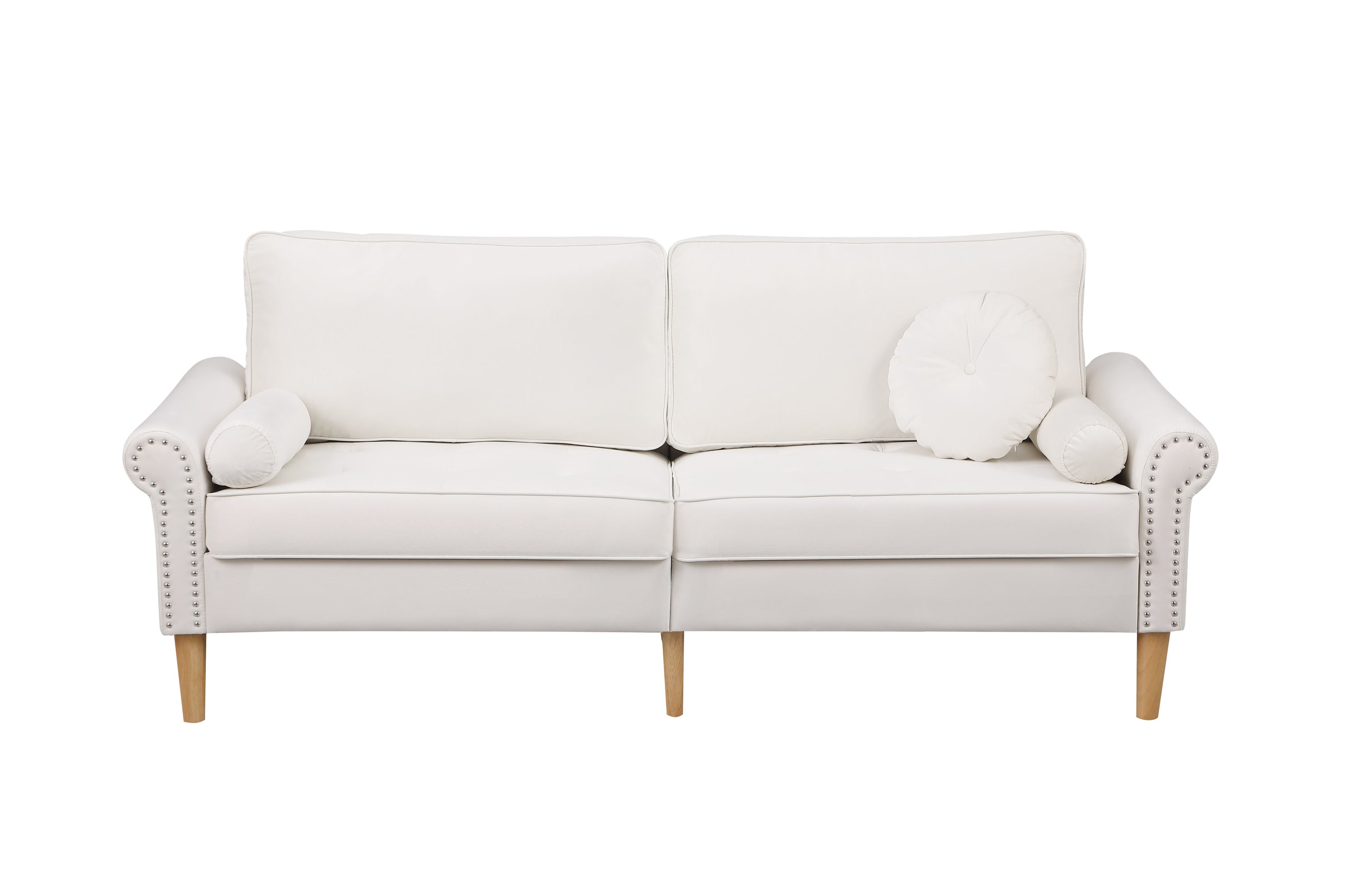 Living Room Sofa,3-Seater Sofa , with  Copper Nail on Arms ,Three Pillow,White