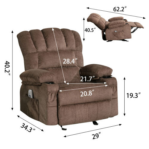 Vanbow.Recliner Chair Massage Heating sofa with USB and side pocket 2 Cup Holders (Brown)