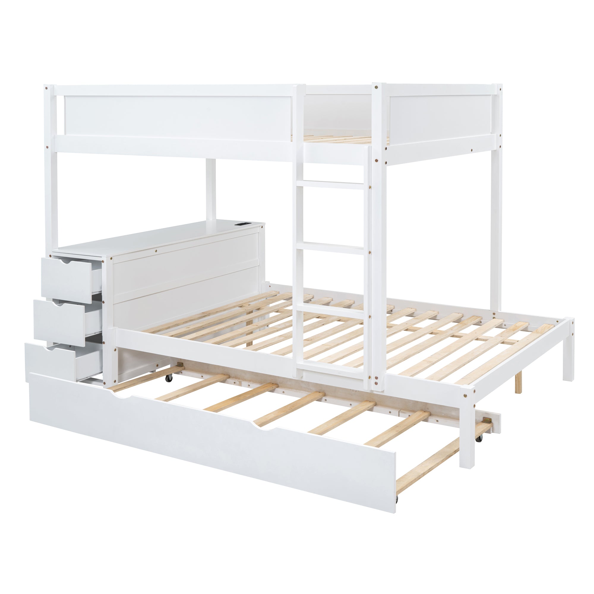 Full-Over-Full Bunk Bed with Twin size Trundle, Storage and Desk, White