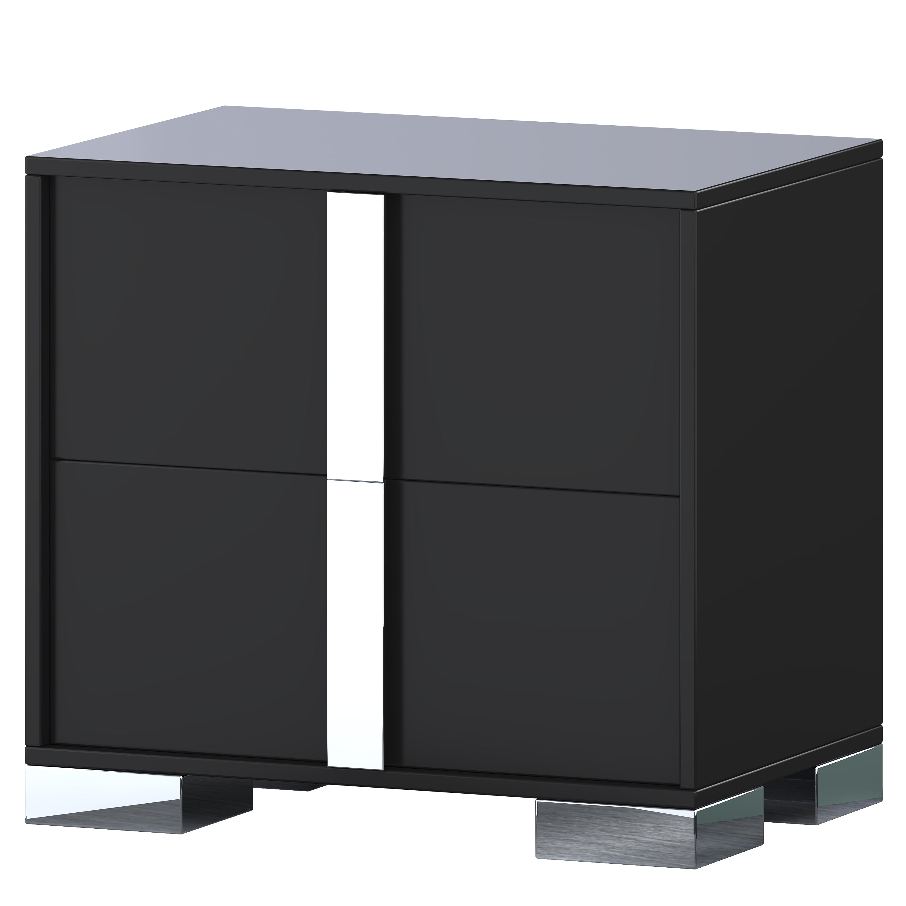 Black mirrored 2-drawer nightstand with drawers open