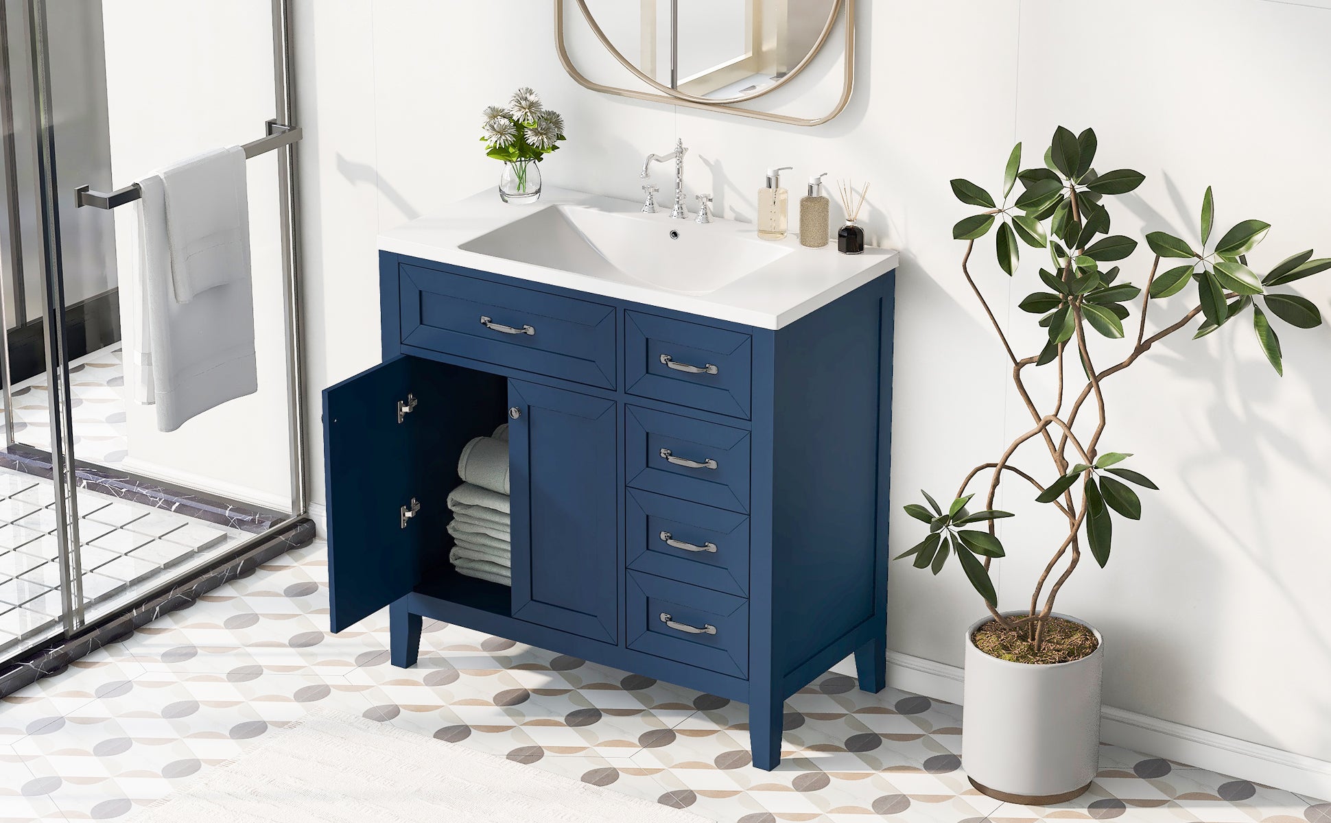 36" Bathroom Vanity with Sink Combo, Blue Bathroom Cabinet with Drawers, Solid Frame and MDF Board