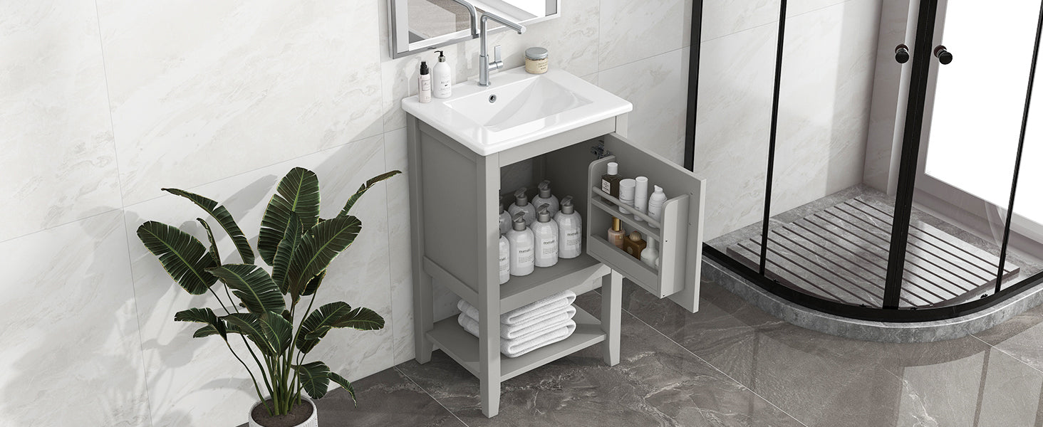 20" Bathroom Vanity with Sink, Bathroom Cabinet with Soft Closing Door, Storage Rack and Open Shelf, Grey