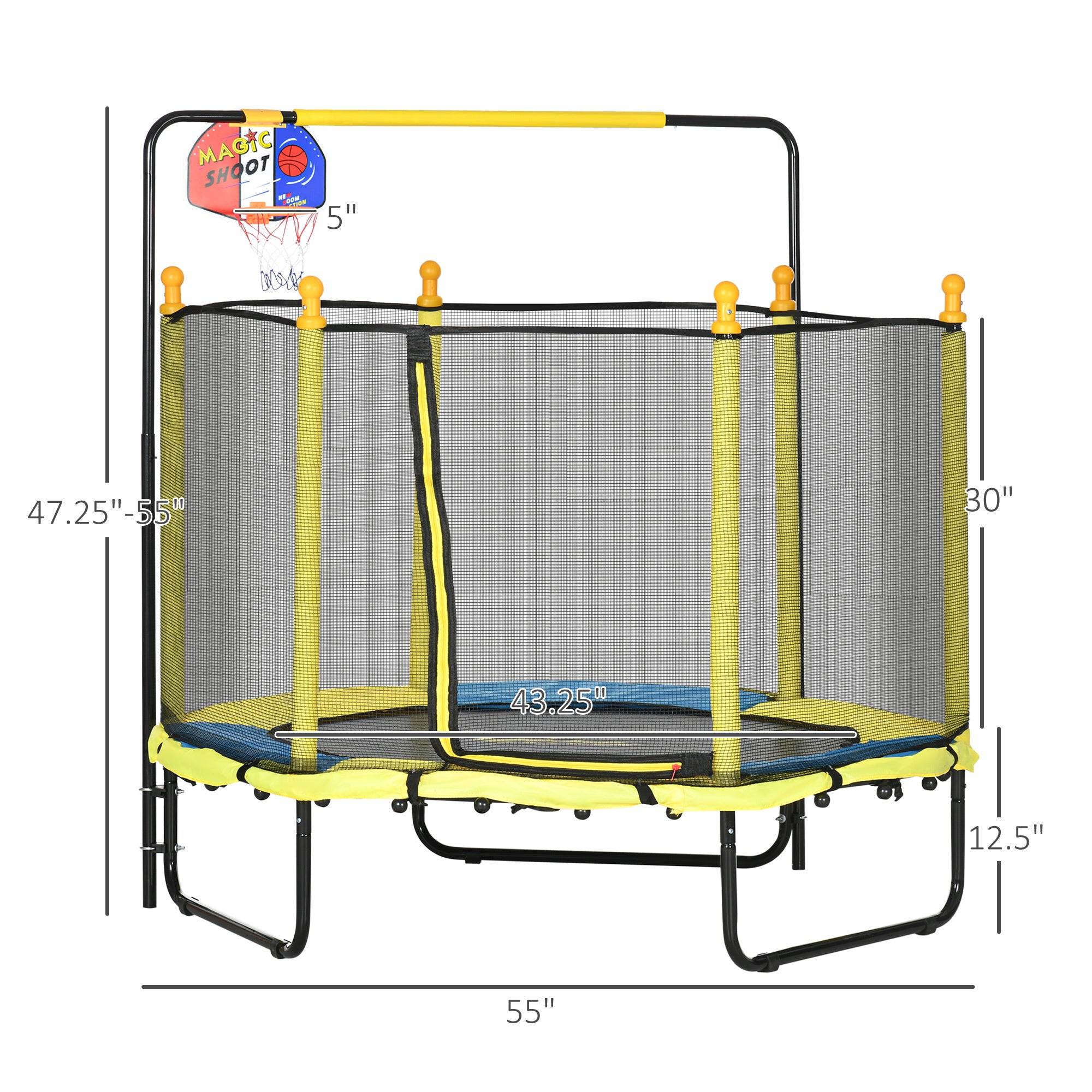 Qaba 4.6' Kids Trampoline with Basketball Hoop, Horizontal Bar, 55" Indoor Trampoline with Net, Small Springfree Trampoline Gifts for Kids Toys, Ages 3-10, Yellow