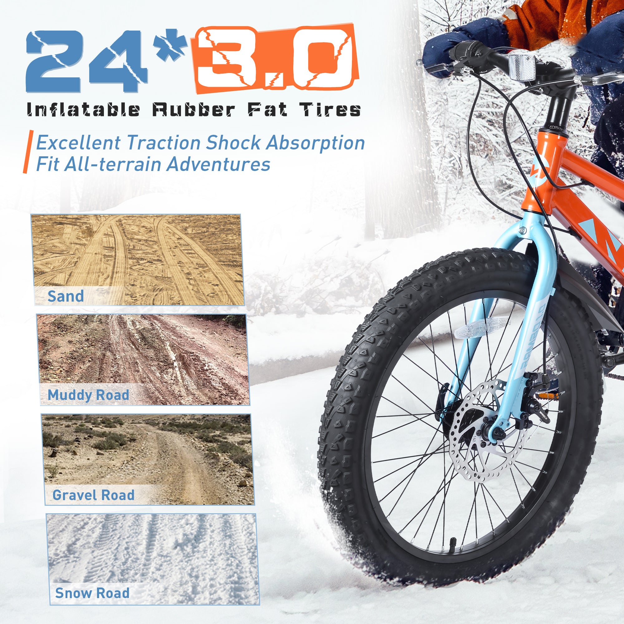 24 Inch Bicycles , Fat Tire Mountain Bike for Boys and Girls Age 10 + Years ,Dual-Disc Brake,Shimano 7-Speed ,Kids Beach and Snow Bicycle