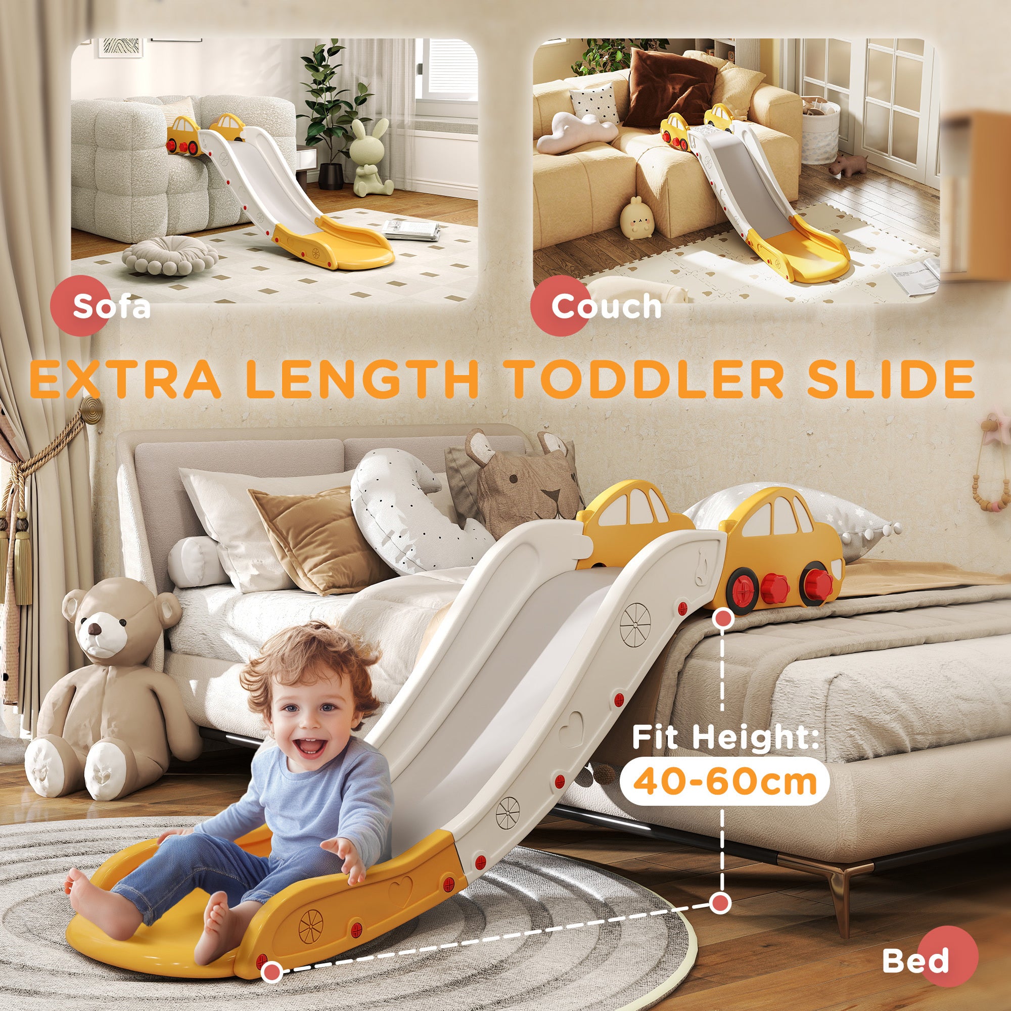 Qaba Toddler Slide, Couch Slide for Bed, Sofa, Extra Length Indoor Couch Slide for Toddler, Baby, Child, Easy to Assemble, Yellow