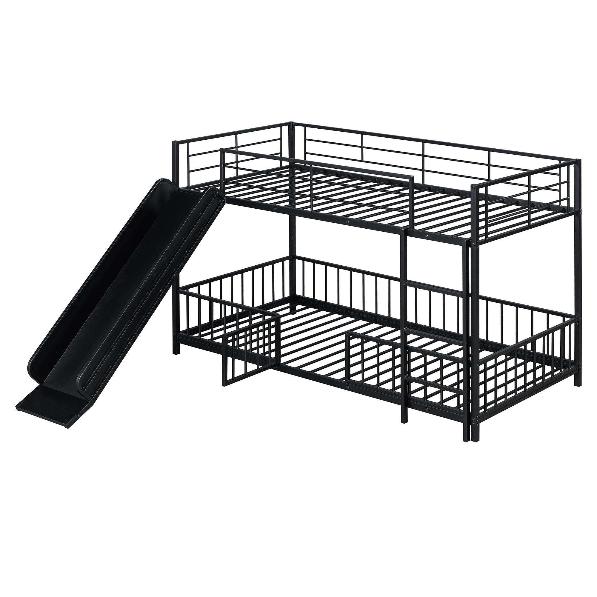 Twin over Twin Size Metal Bunk Bed with Slide and Guardrails, Black