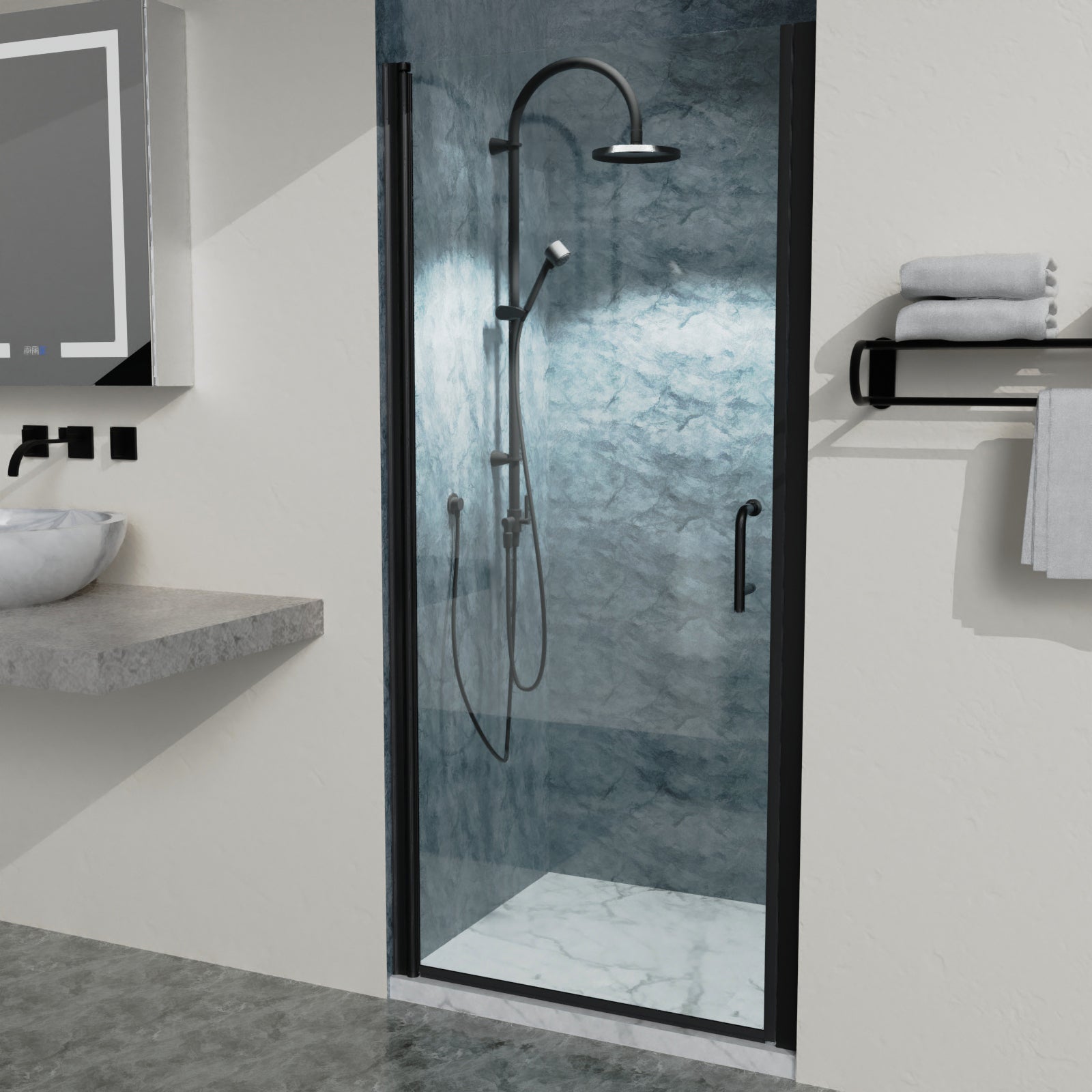 Semi-Frameless Pivot Shower Door 34-35"W x 72"H  in Matte Black With Clear Glass