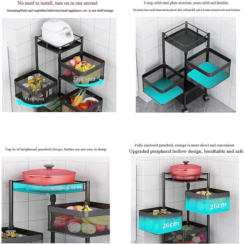 Rotating Kitchen Storage Shelf 5 Tier, Metal Fruit Vegetable Storage Basket Multi-Layer Vegetable Rack Storage Trolley on Wheels, Floor-Standing Basket for Kitchen Bathroom, Square